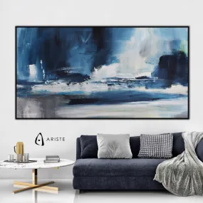 Blue & white abstract landscape wall art made to order in a custom size