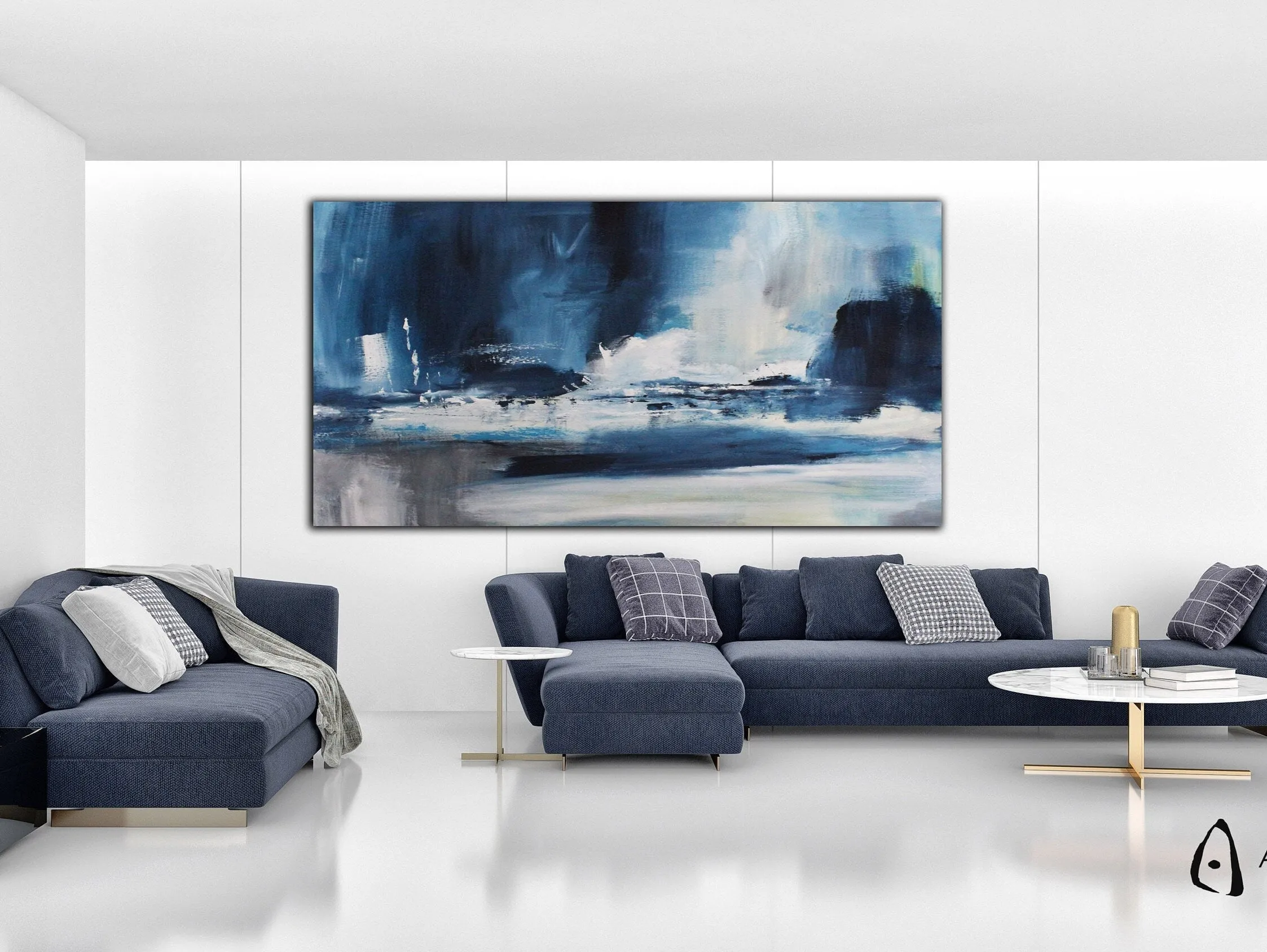 Blue & white abstract landscape wall art made to order in a custom size