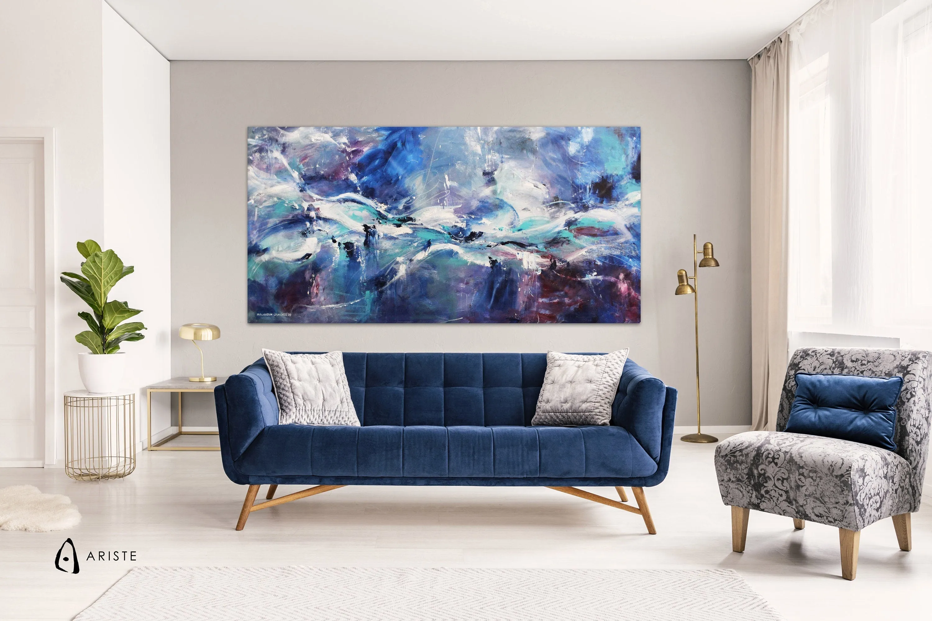 Blue & white large abstract painting made to order in a custom size