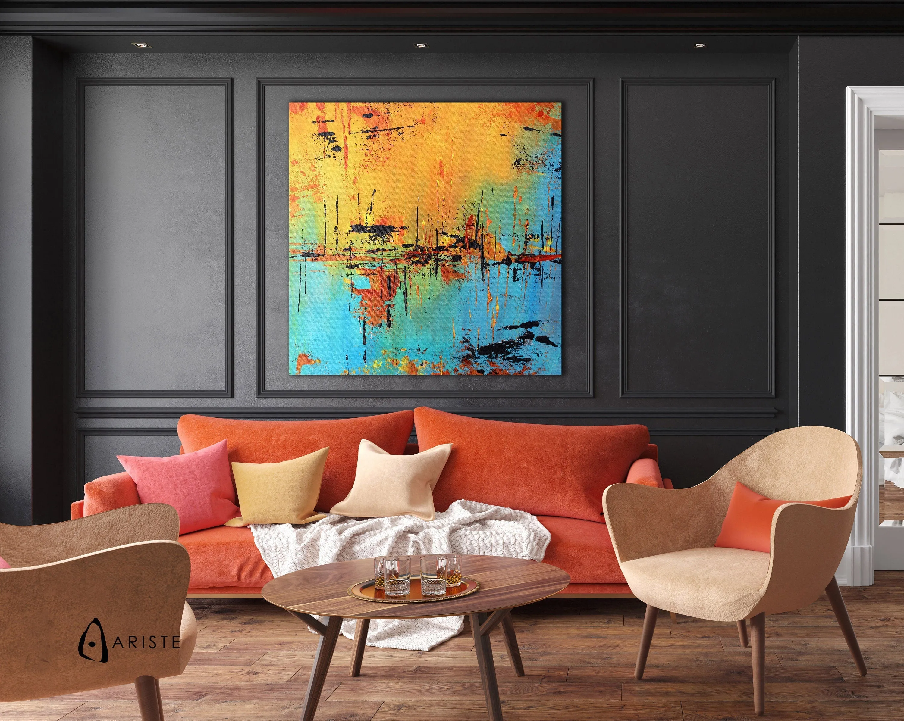 Blue, black & orange abstract oversized wall art made to order in a custom size