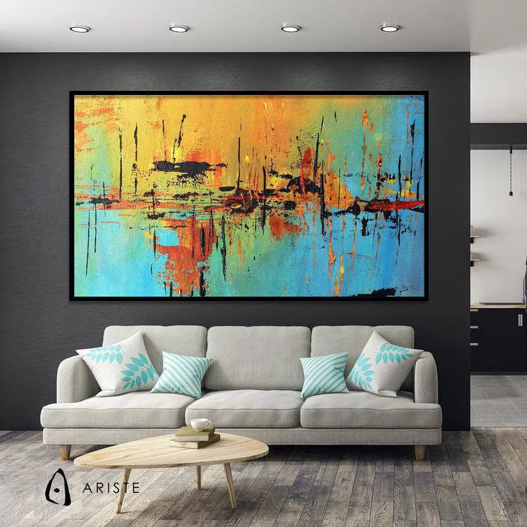 Blue, black & orange abstract oversized wall art made to order in a custom size