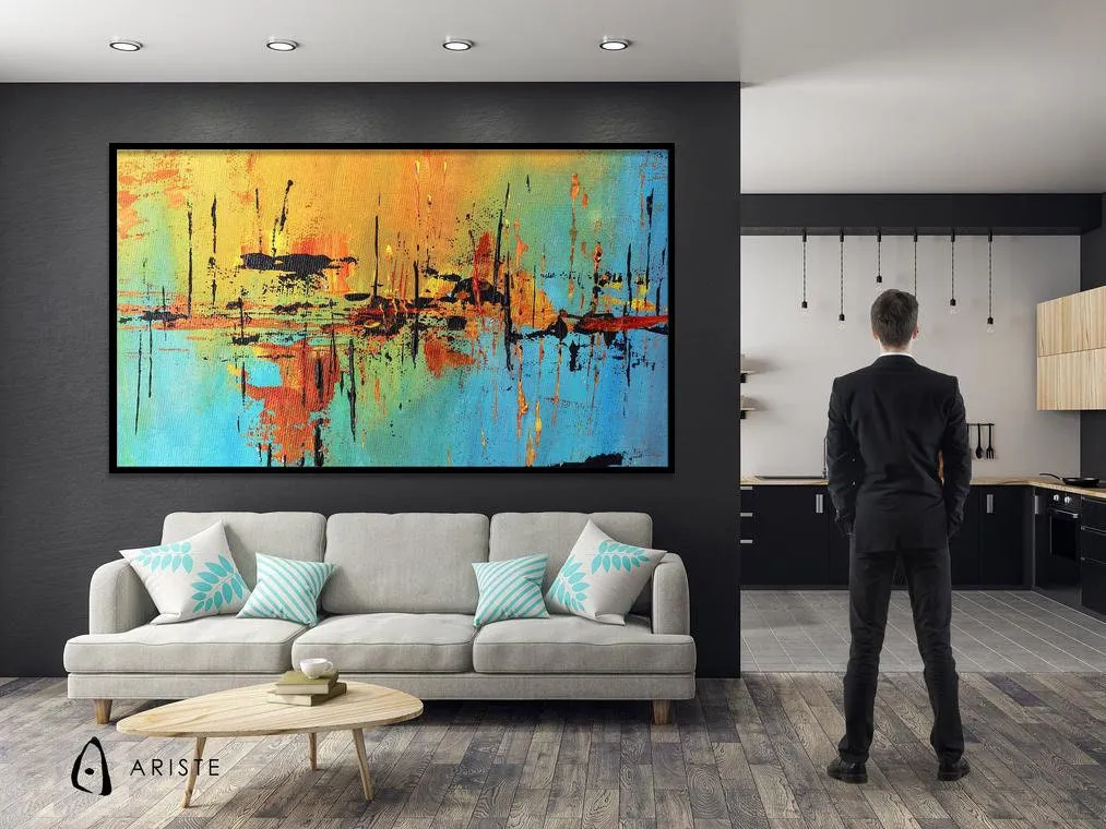 Blue, black & orange abstract oversized wall art made to order in a custom size