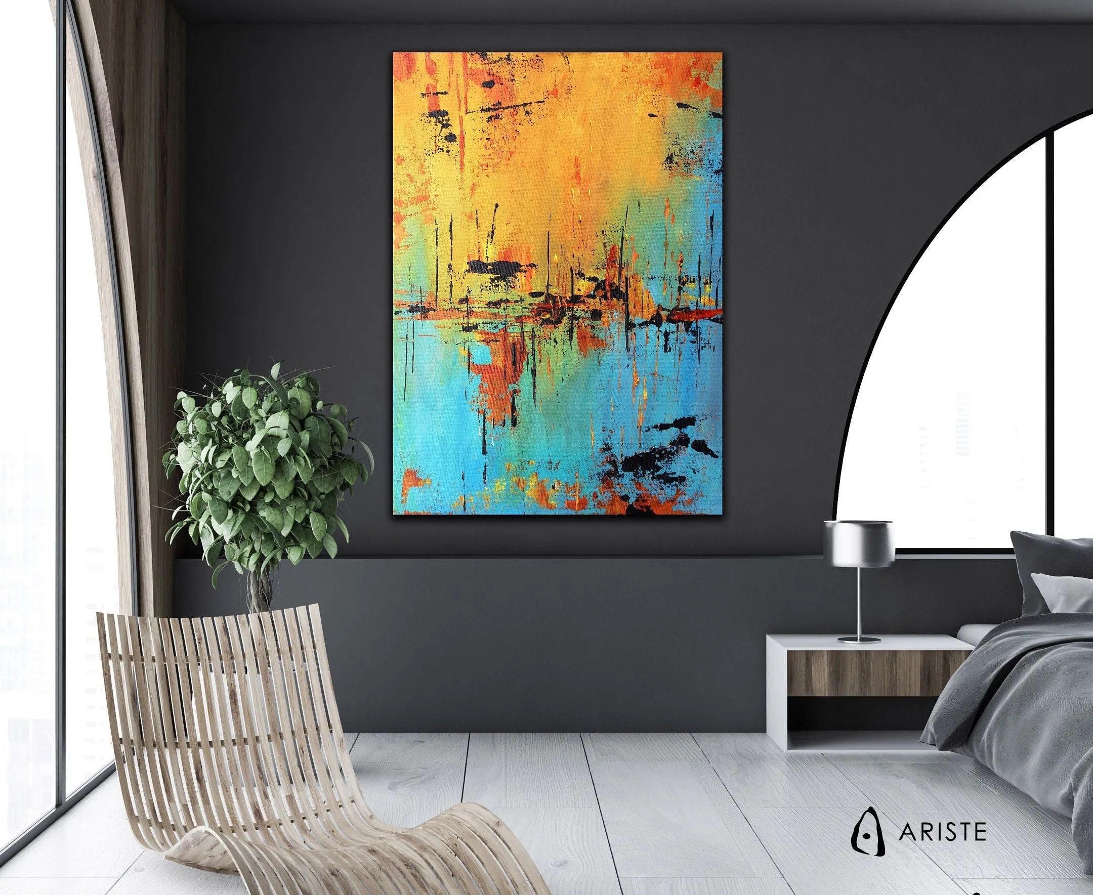 Blue, black & orange abstract oversized wall art made to order in a custom size