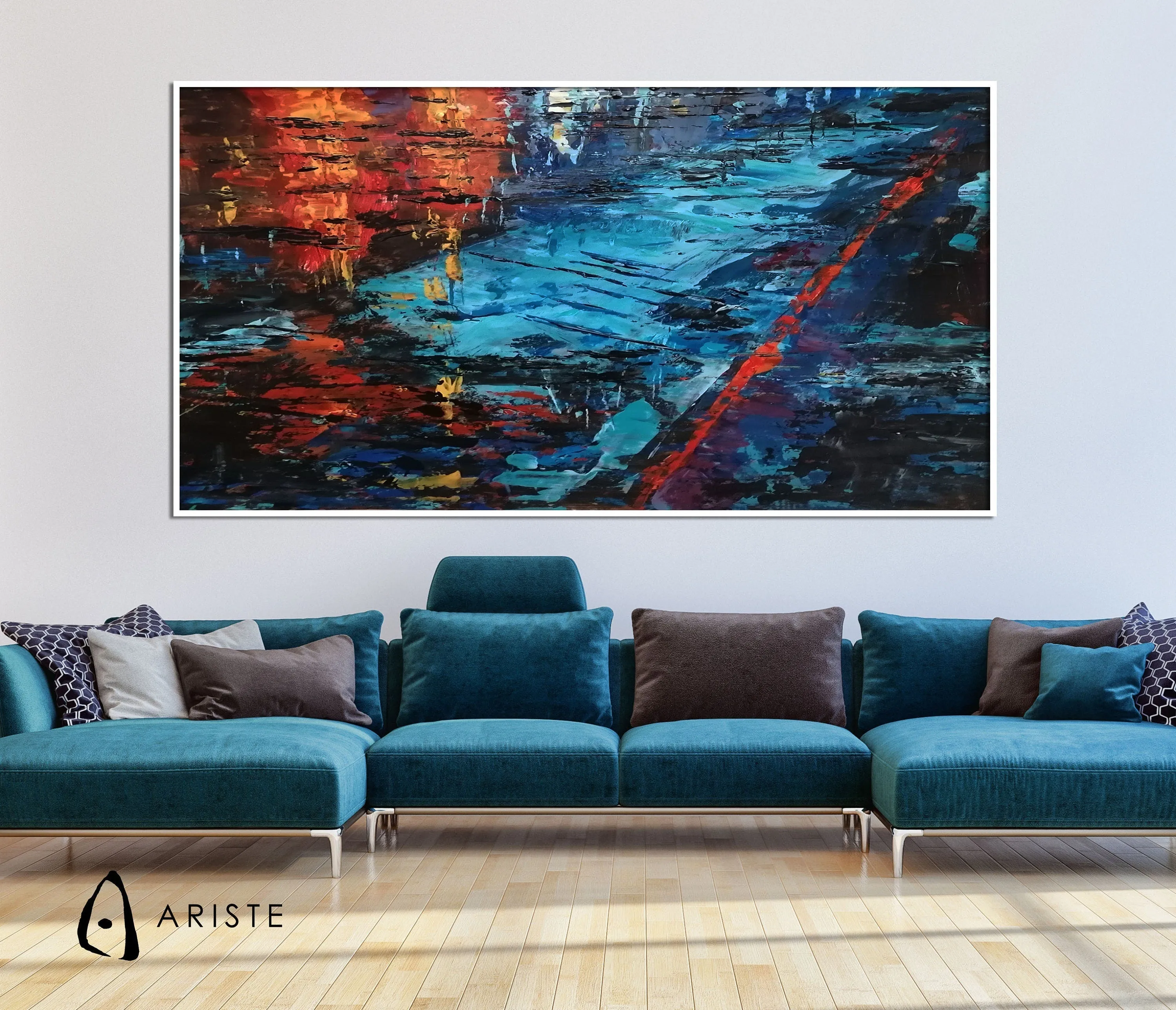 Blue, red & orange large abstract paintings made to order in a custom size