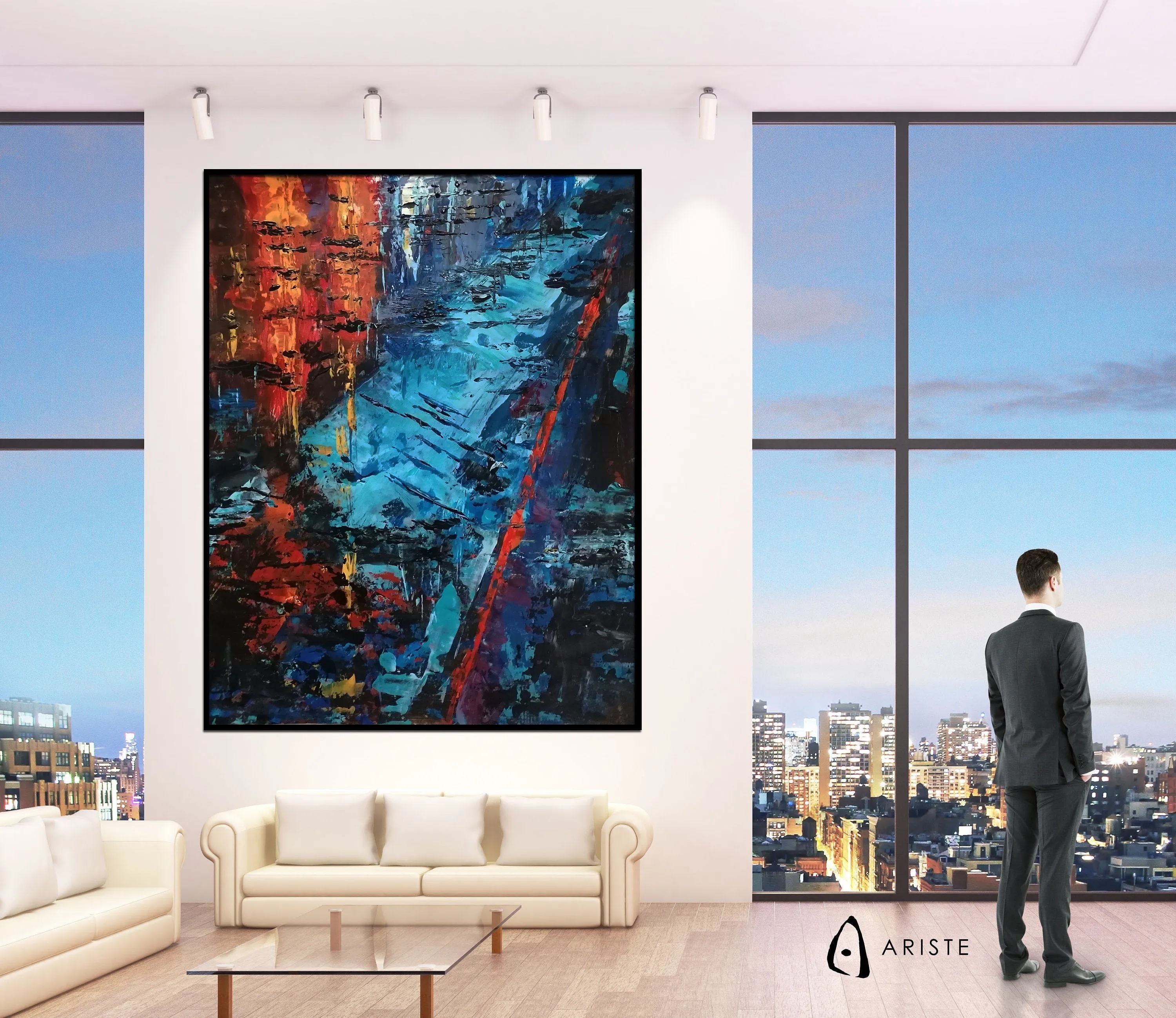 Blue, red & orange large abstract paintings made to order in a custom size