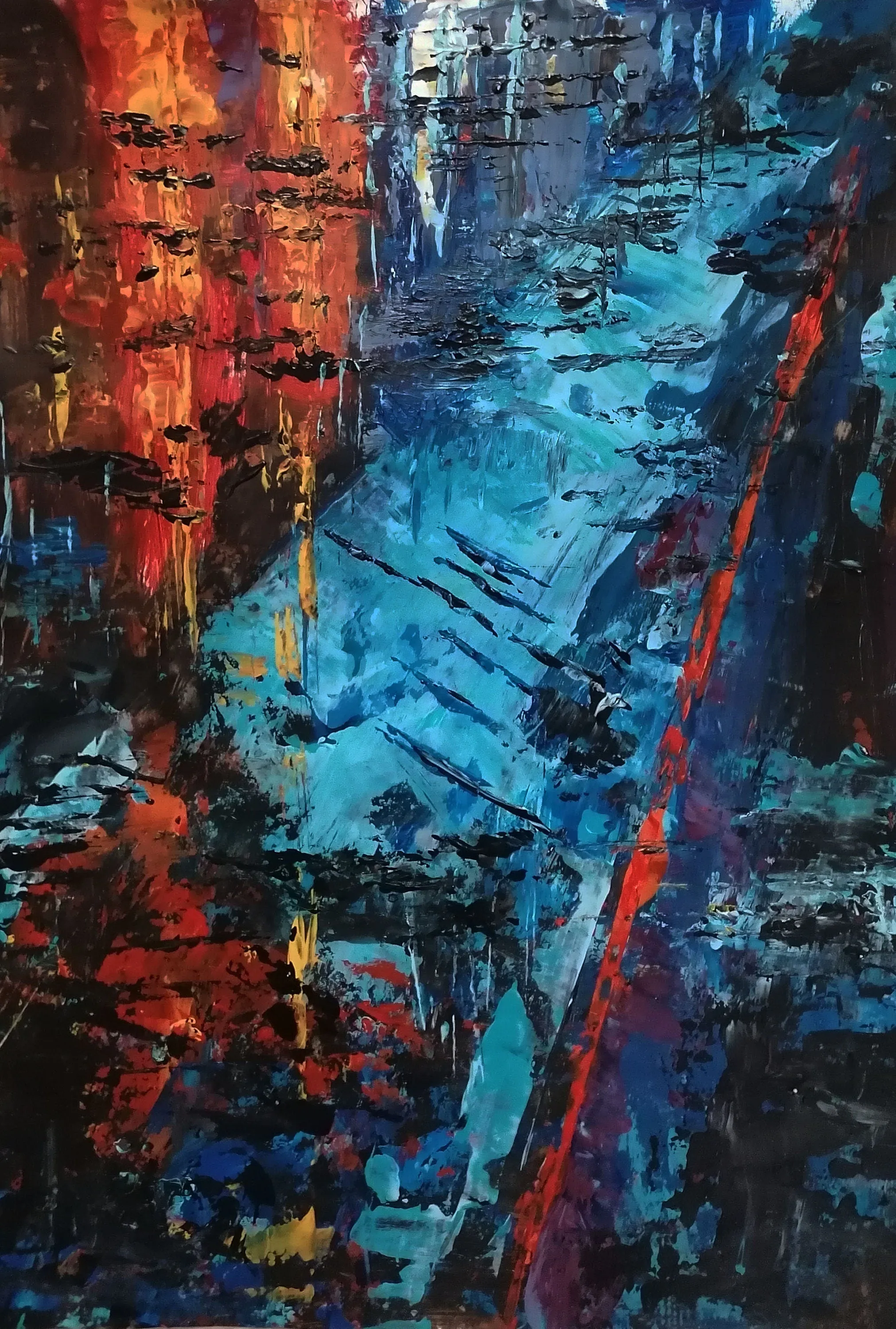 Blue, red & orange large abstract paintings made to order in a custom size