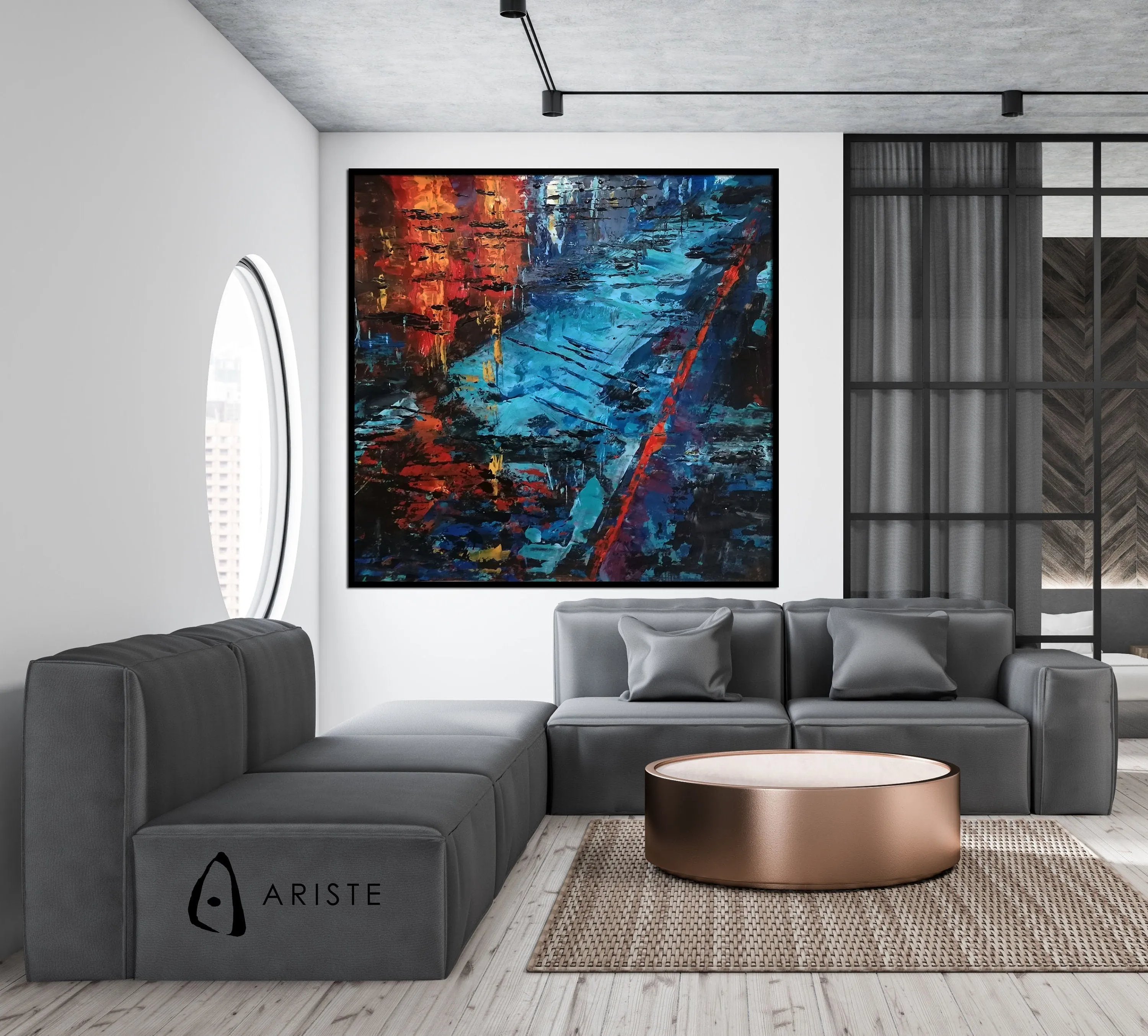 Blue, red & orange large abstract paintings made to order in a custom size