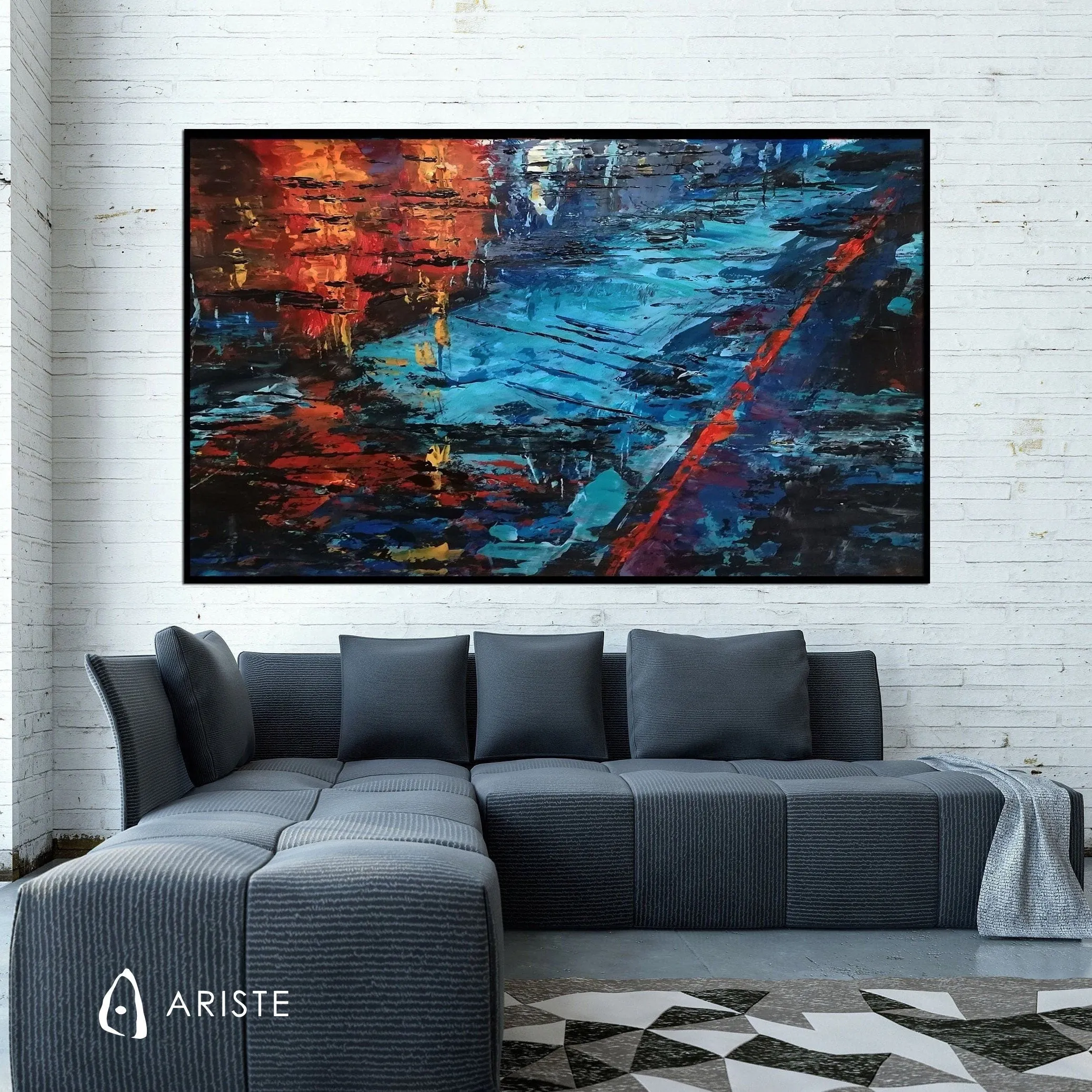 Blue, red & orange large abstract paintings made to order in a custom size