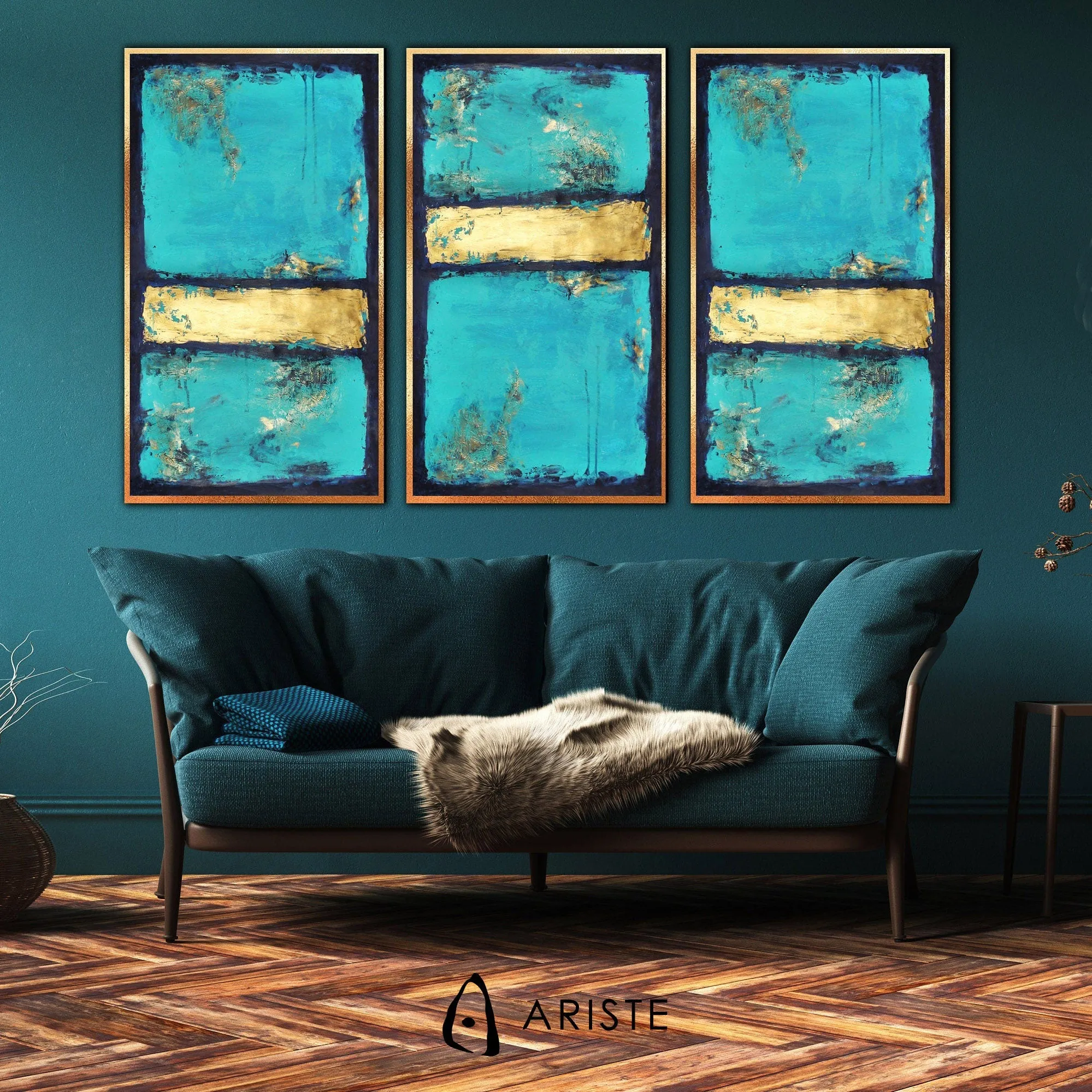 Blue, teal & gold extra large 3 piece wall art made to order in a custom size