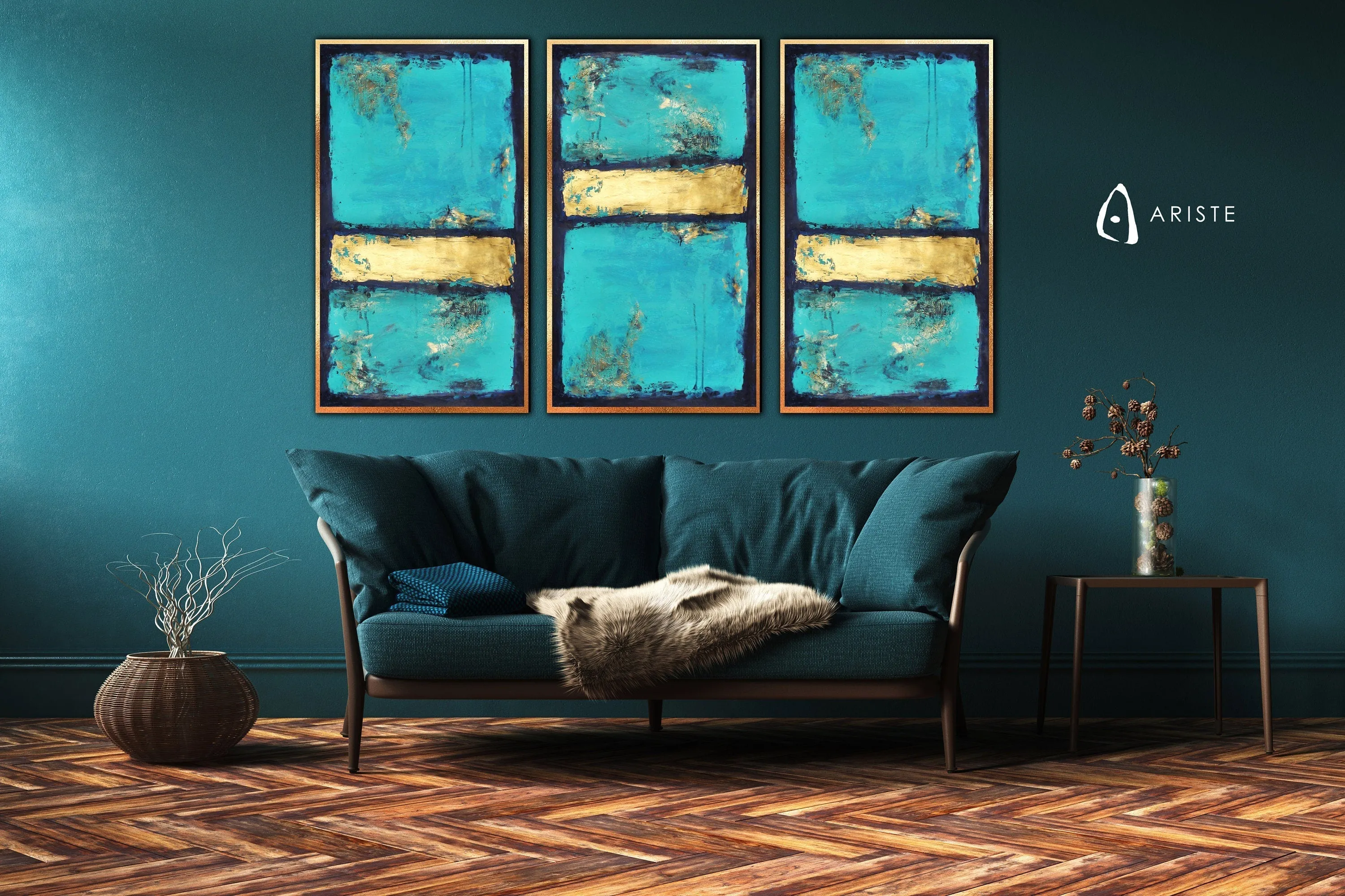 Blue, teal & gold extra large 3 piece wall art made to order in a custom size