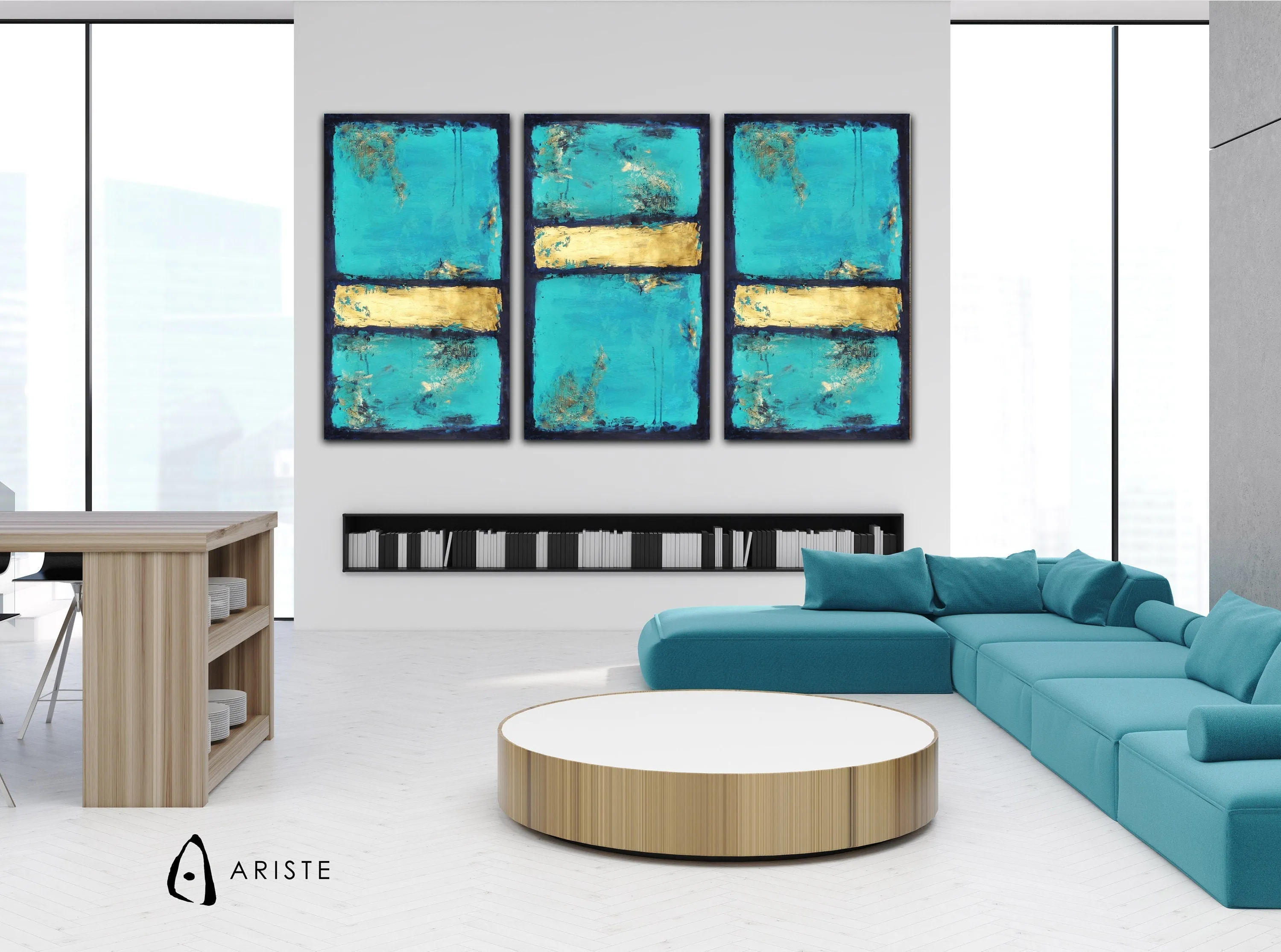 Blue, teal & gold extra large 3 piece wall art made to order in a custom size