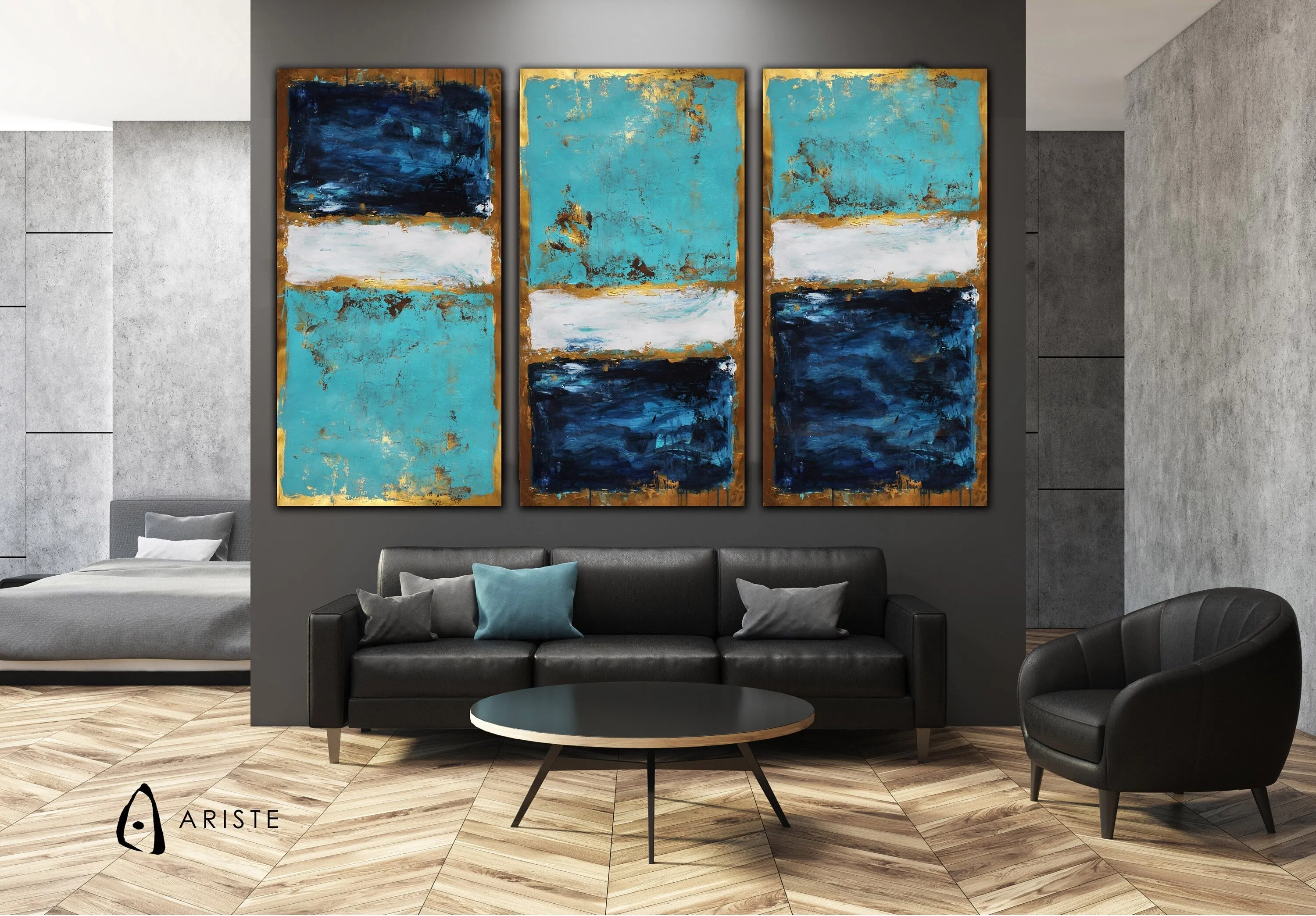 Blue, teal & gold extra large 3 piece wall art made to order in a custom size