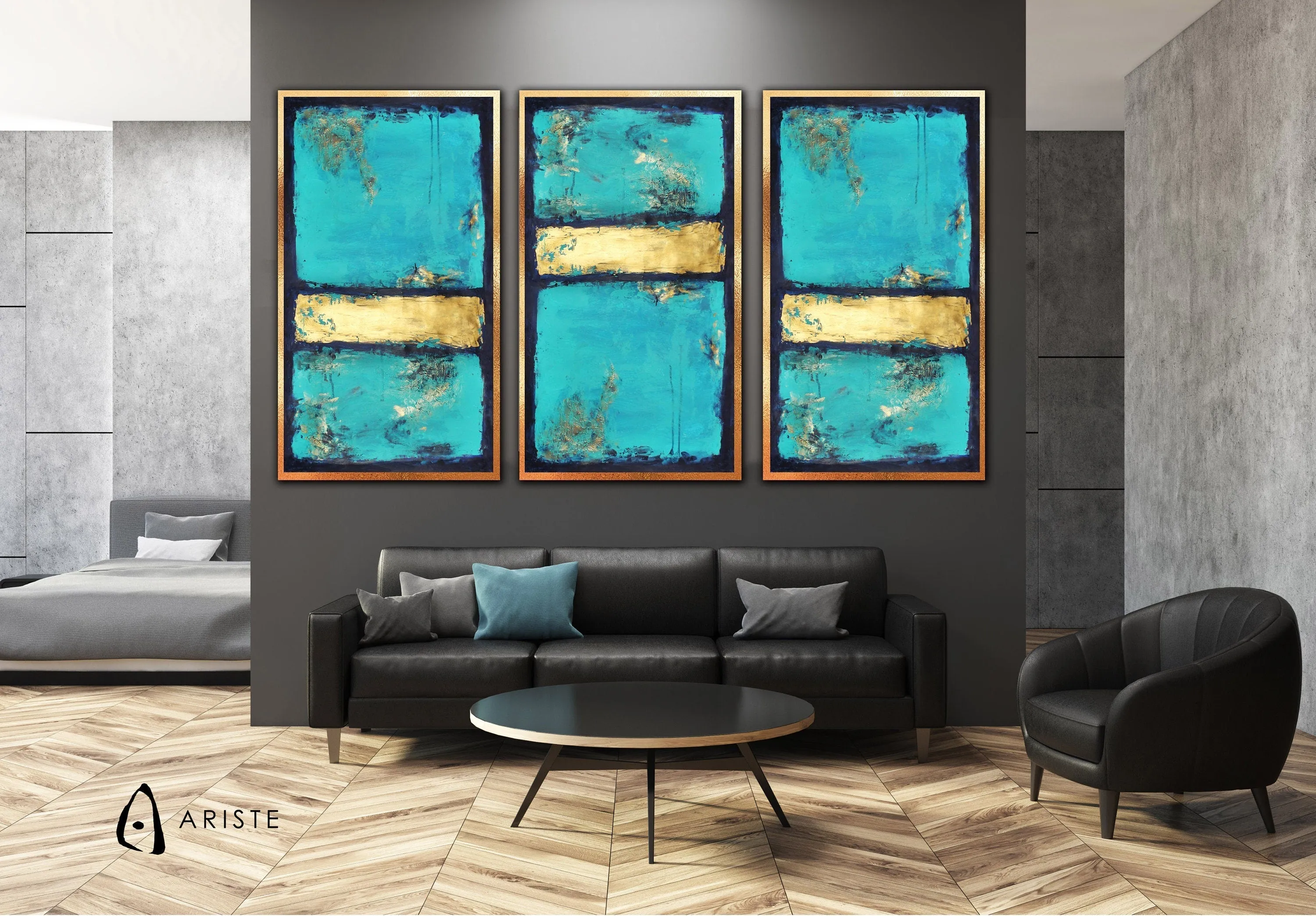 Blue, teal & gold extra large 3 piece wall art made to order in a custom size