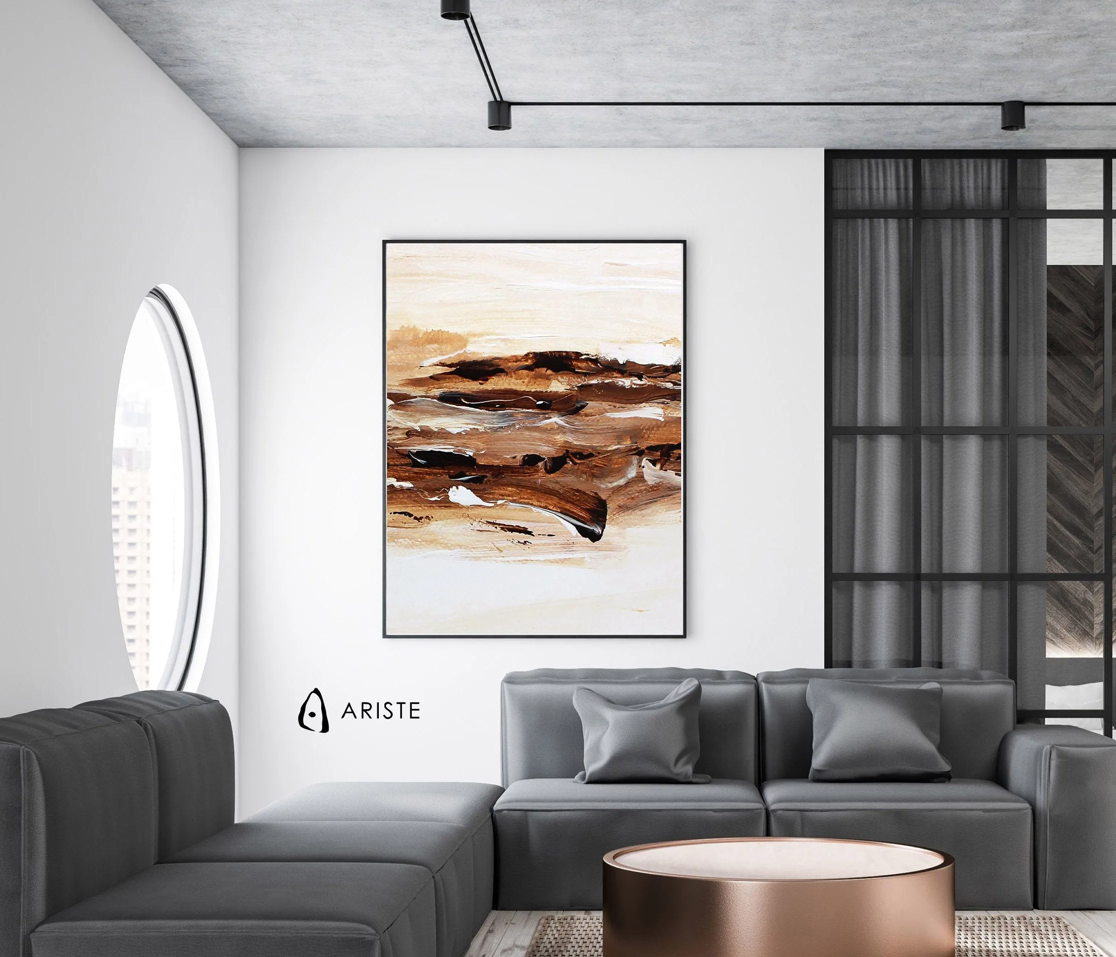 Brown & white large abstract wall art made to order in a custom size