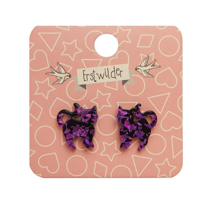 Cat Chunky Glitter Resin Stud Earrings - Purple