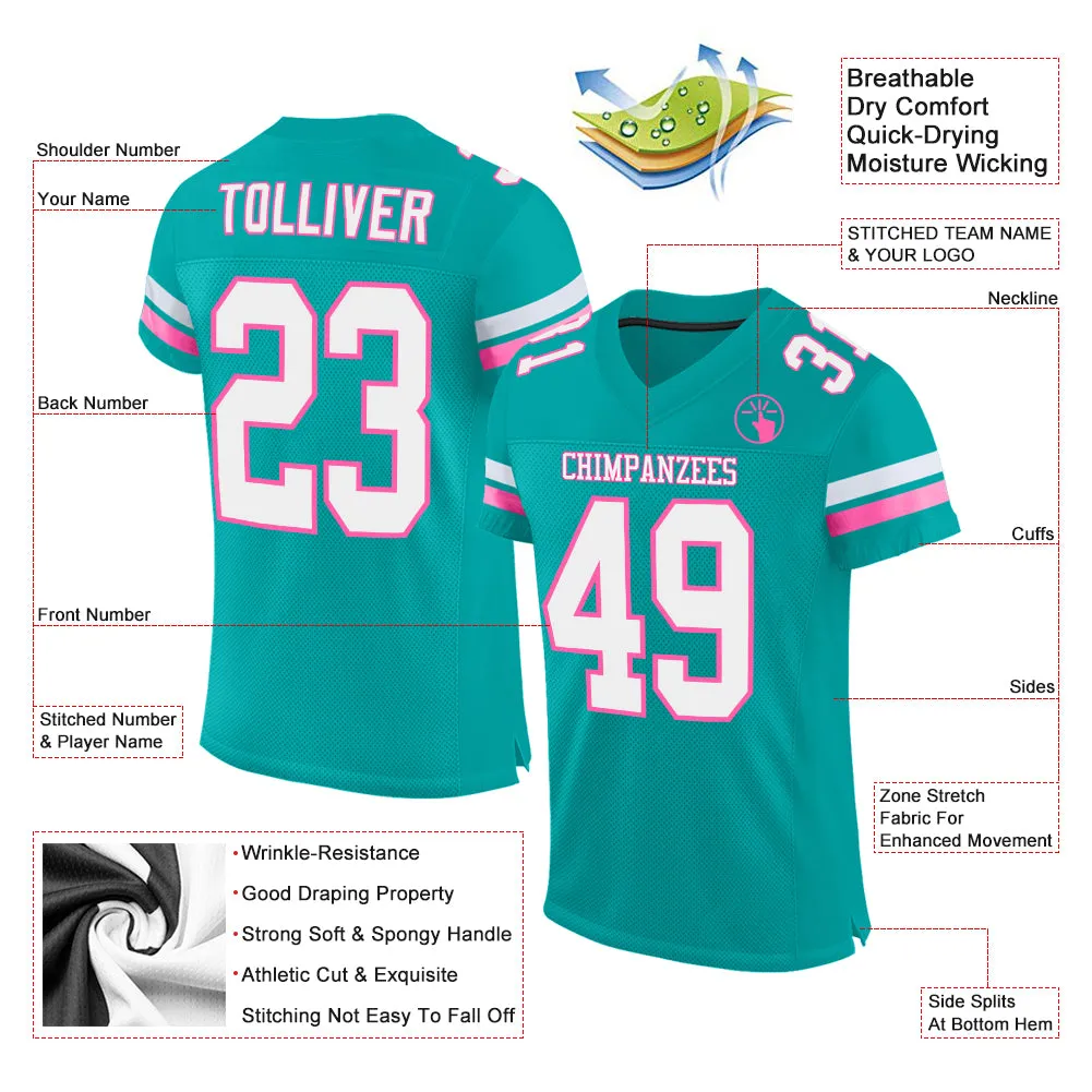 Custom Aqua White-Pink Mesh Authentic Football Jersey