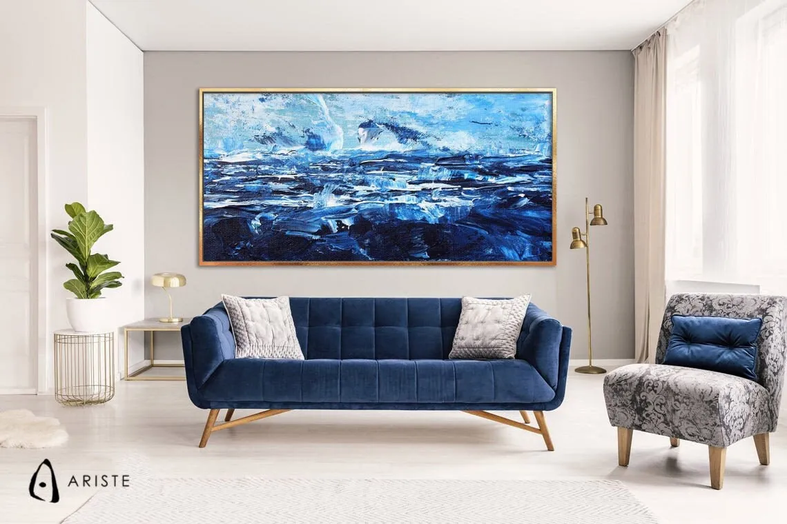 Deep blue & white abstract oversize wall art made to order in a custom size