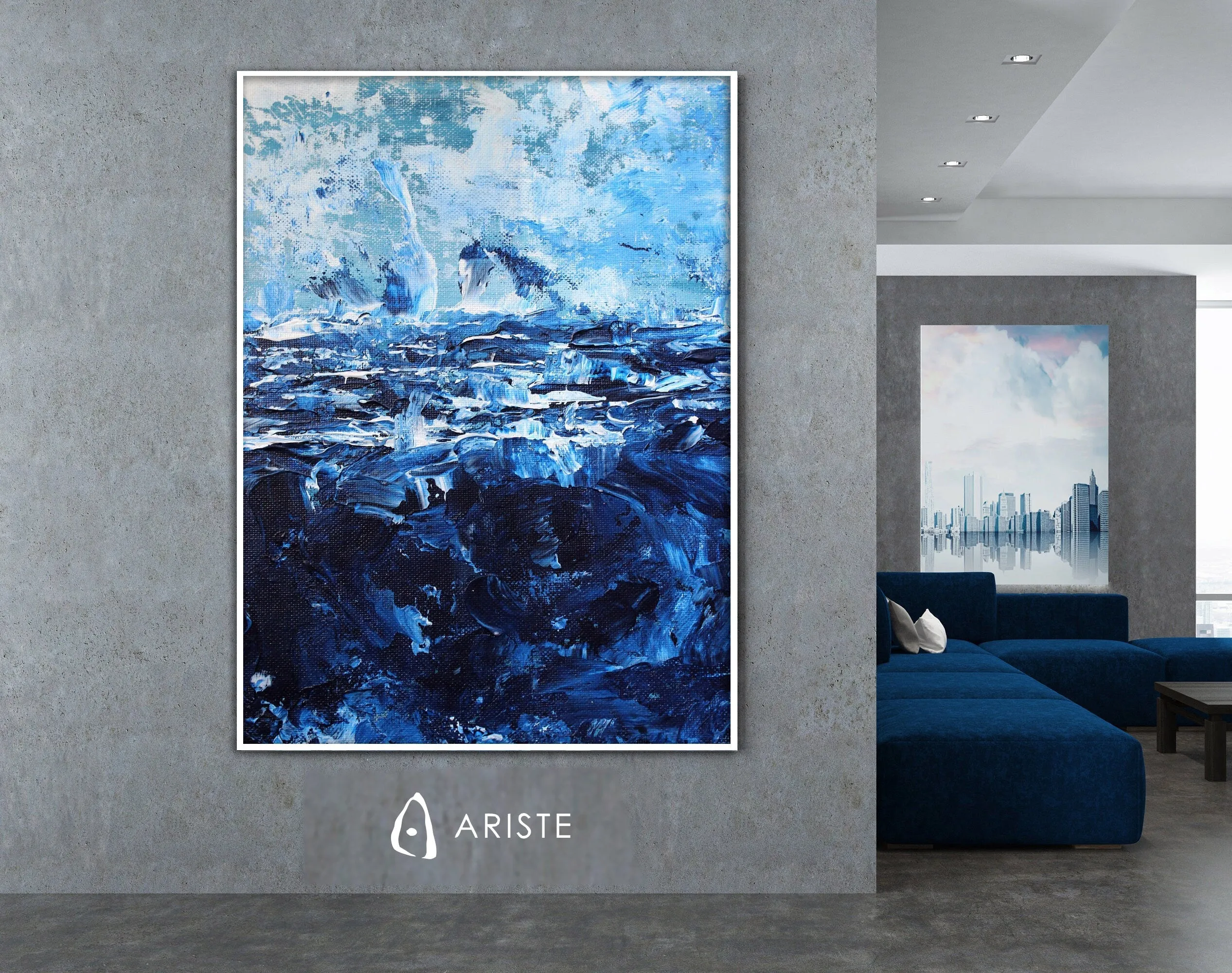 Deep blue & white abstract oversize wall art made to order in a custom size