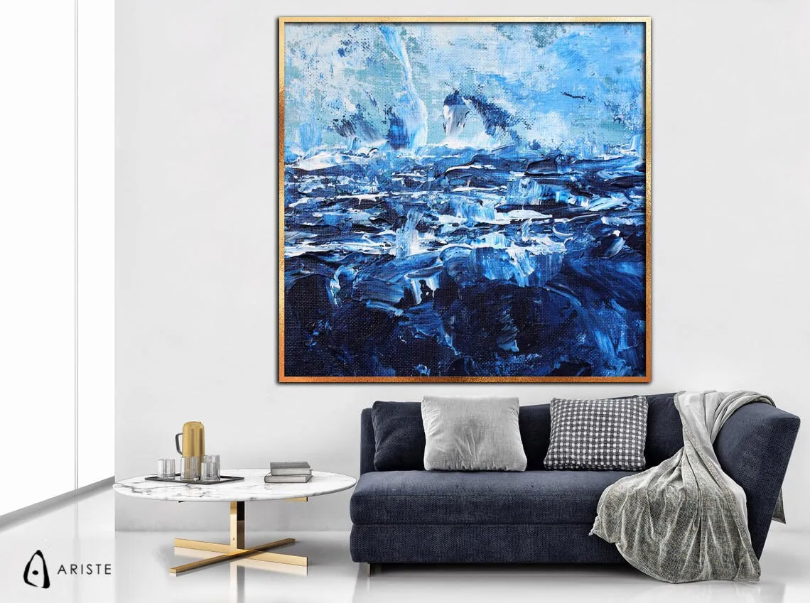 Deep blue & white abstract oversize wall art made to order in a custom size