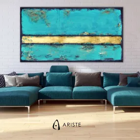 Deep blue, teal & gold color field paintings made to order in a custom size