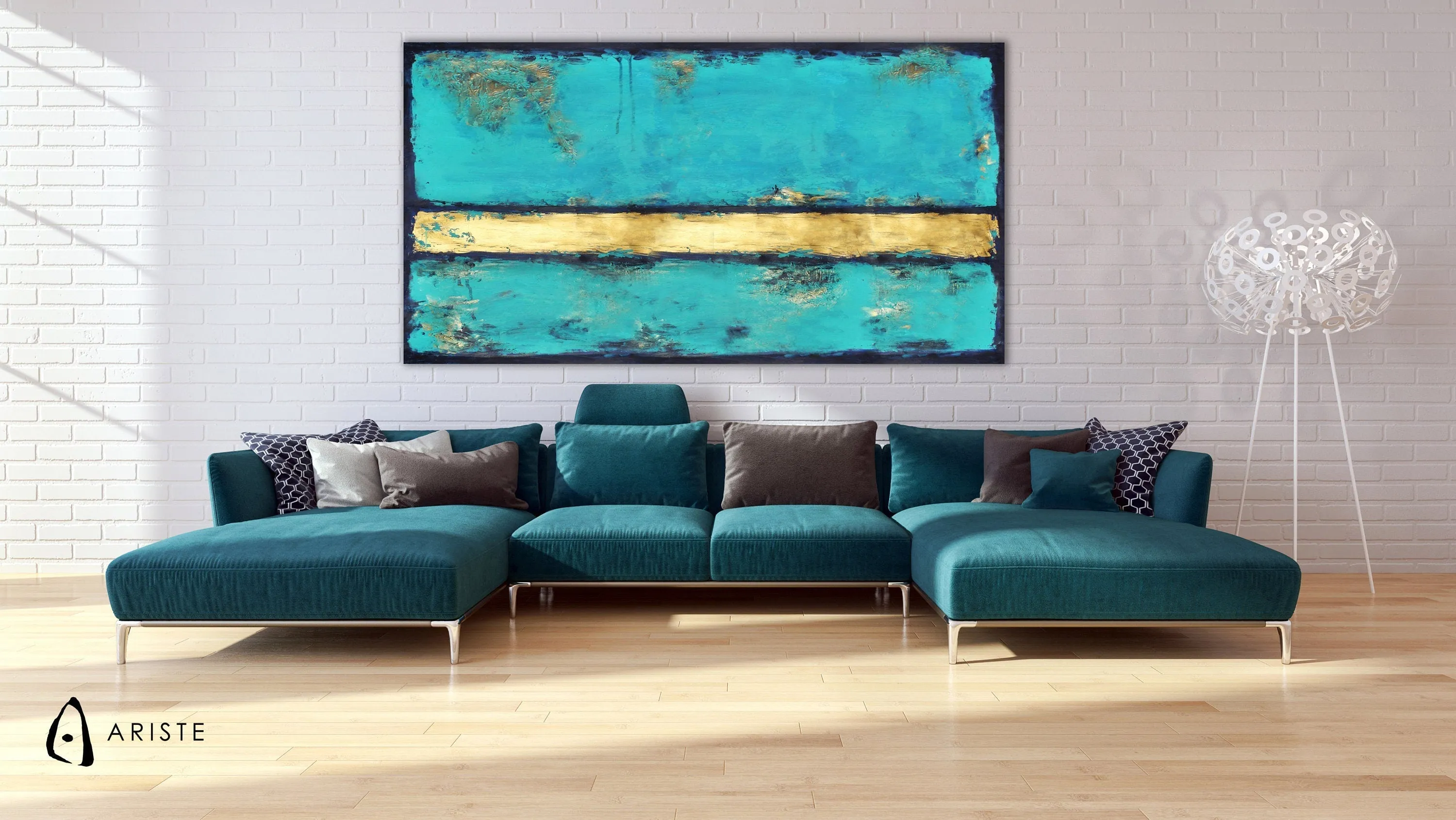 Deep blue, teal & gold color field paintings made to order in a custom size