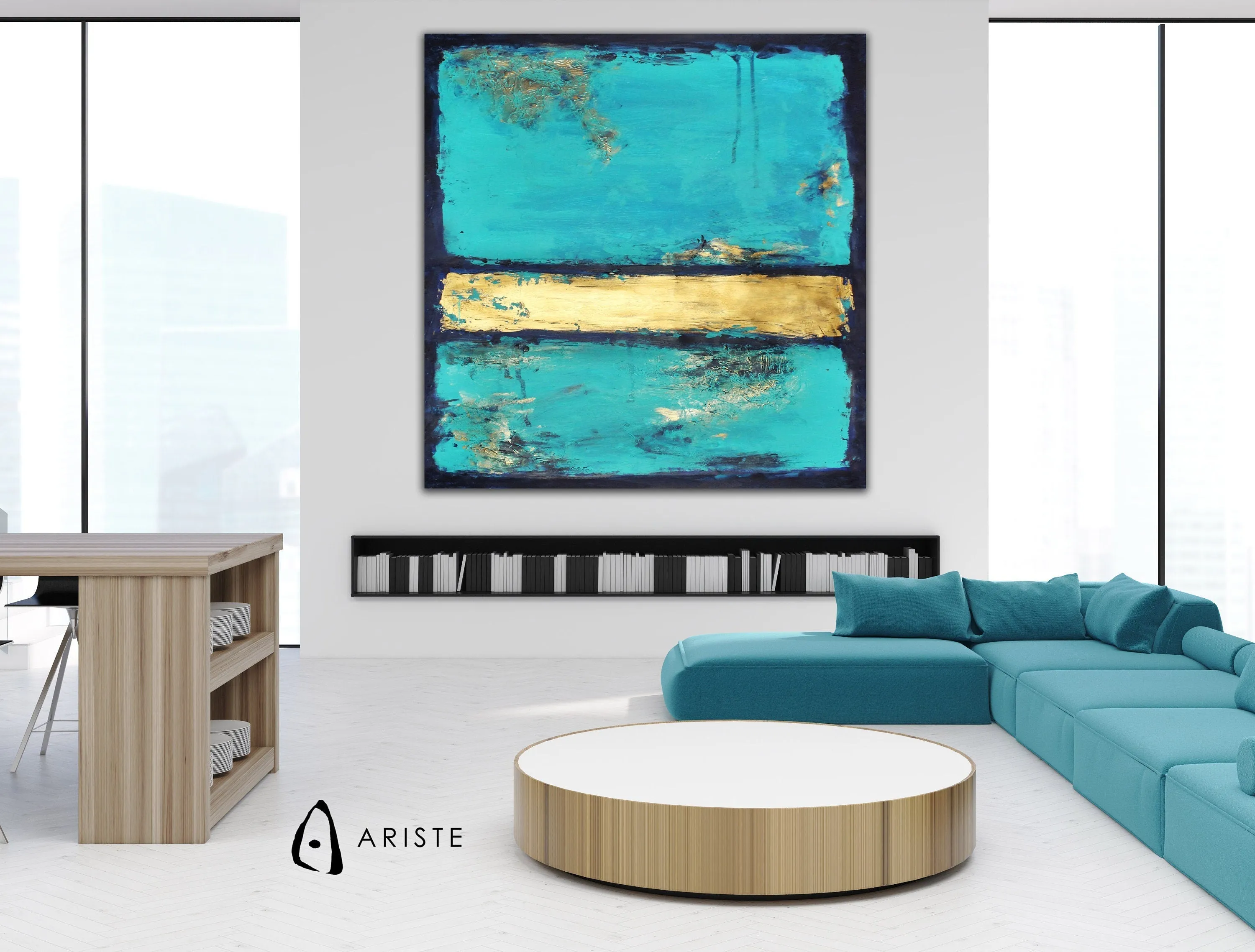 Deep blue, teal & gold color field paintings made to order in a custom size