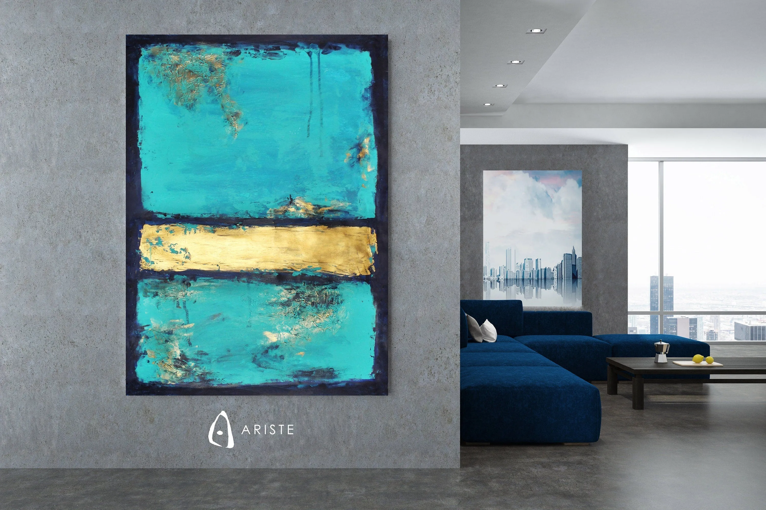 Deep blue, teal & gold color field paintings made to order in a custom size