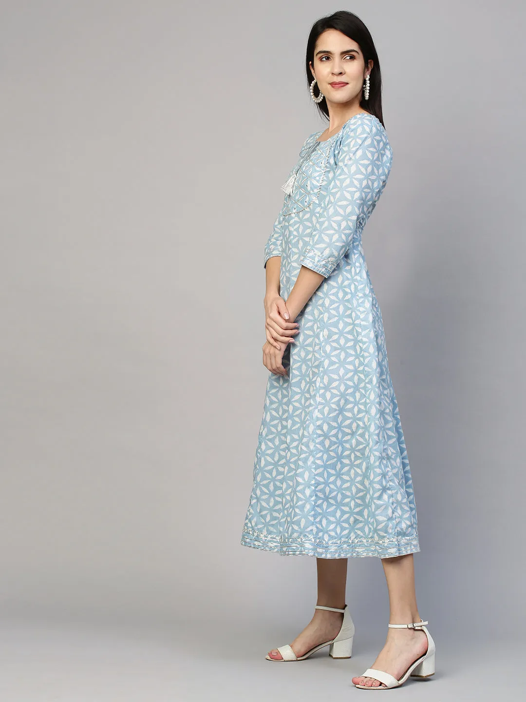 Dense Printed A-Line Dress - Powder Blue