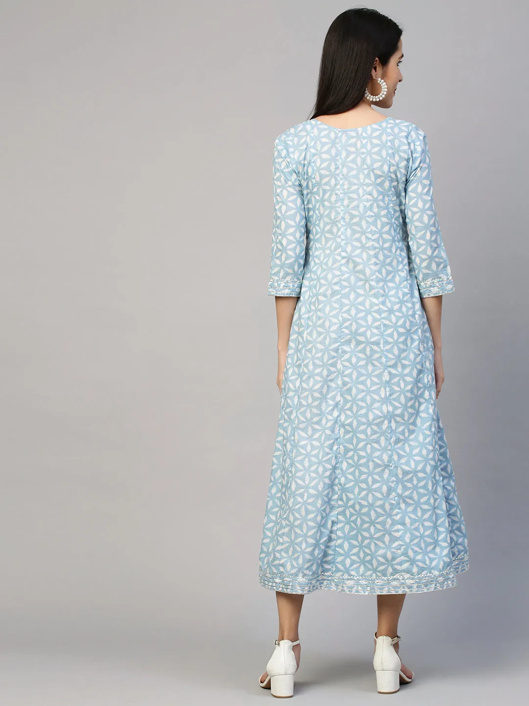 Dense Printed A-Line Dress - Powder Blue