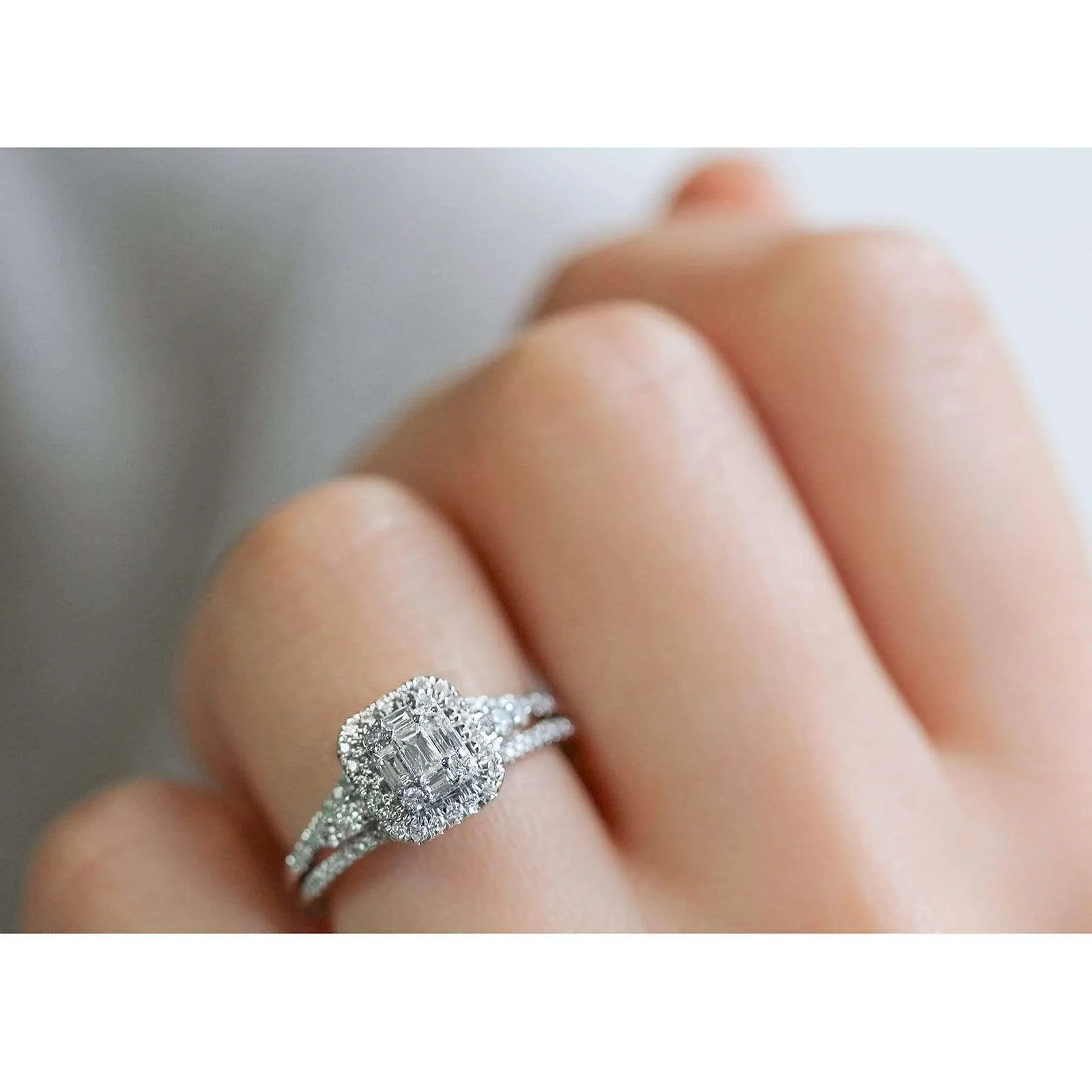 Diamond Baguette and Round Cluster Halo Split Shank Ring