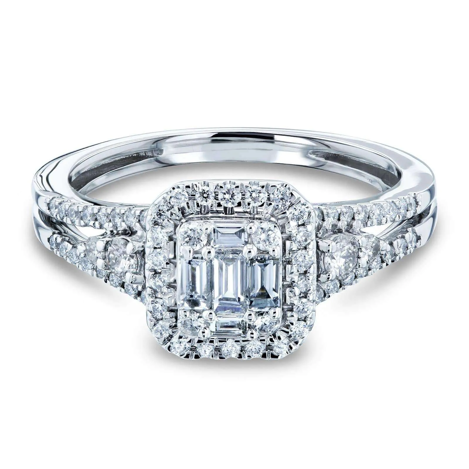 Diamond Baguette and Round Cluster Halo Split Shank Ring