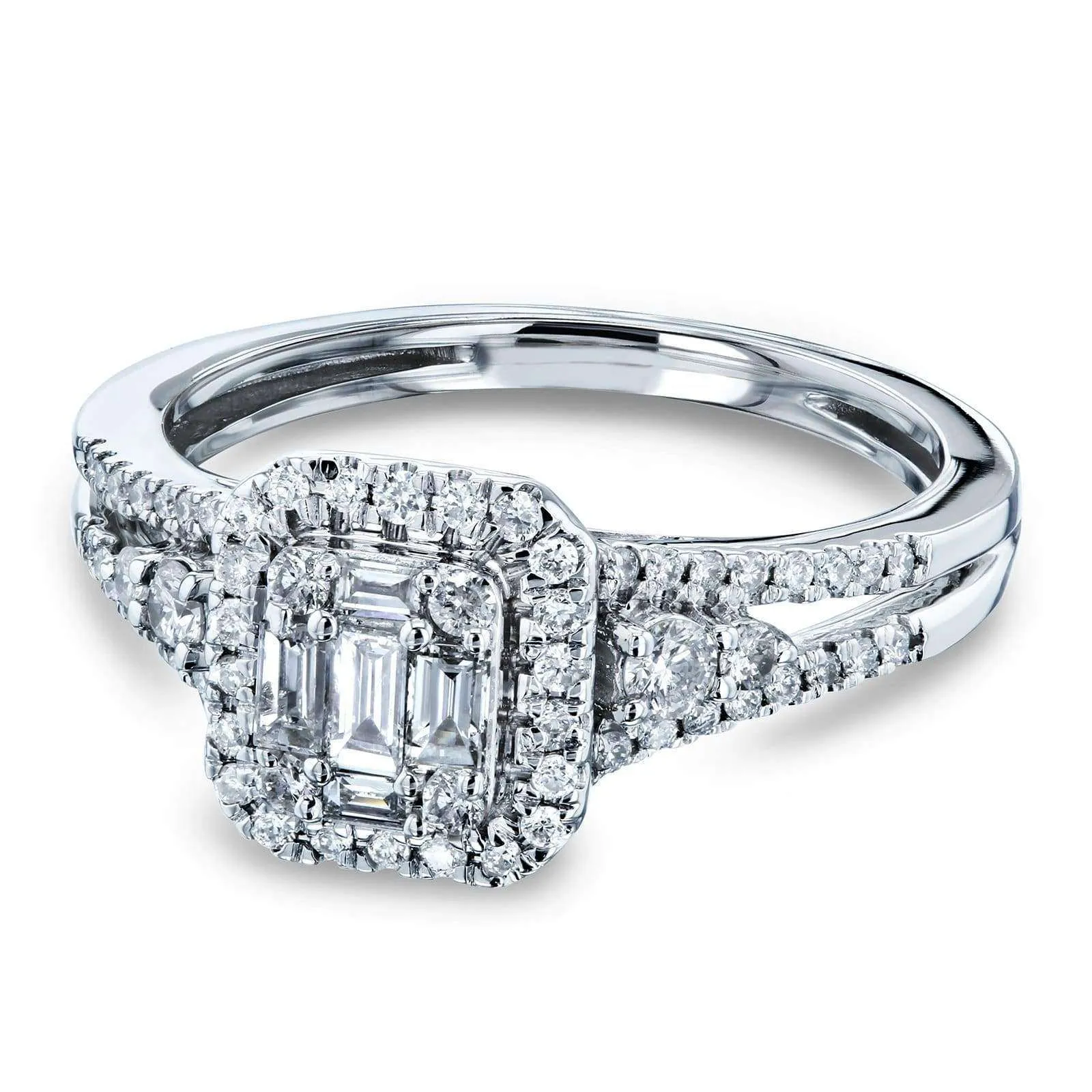 Diamond Baguette and Round Cluster Halo Split Shank Ring