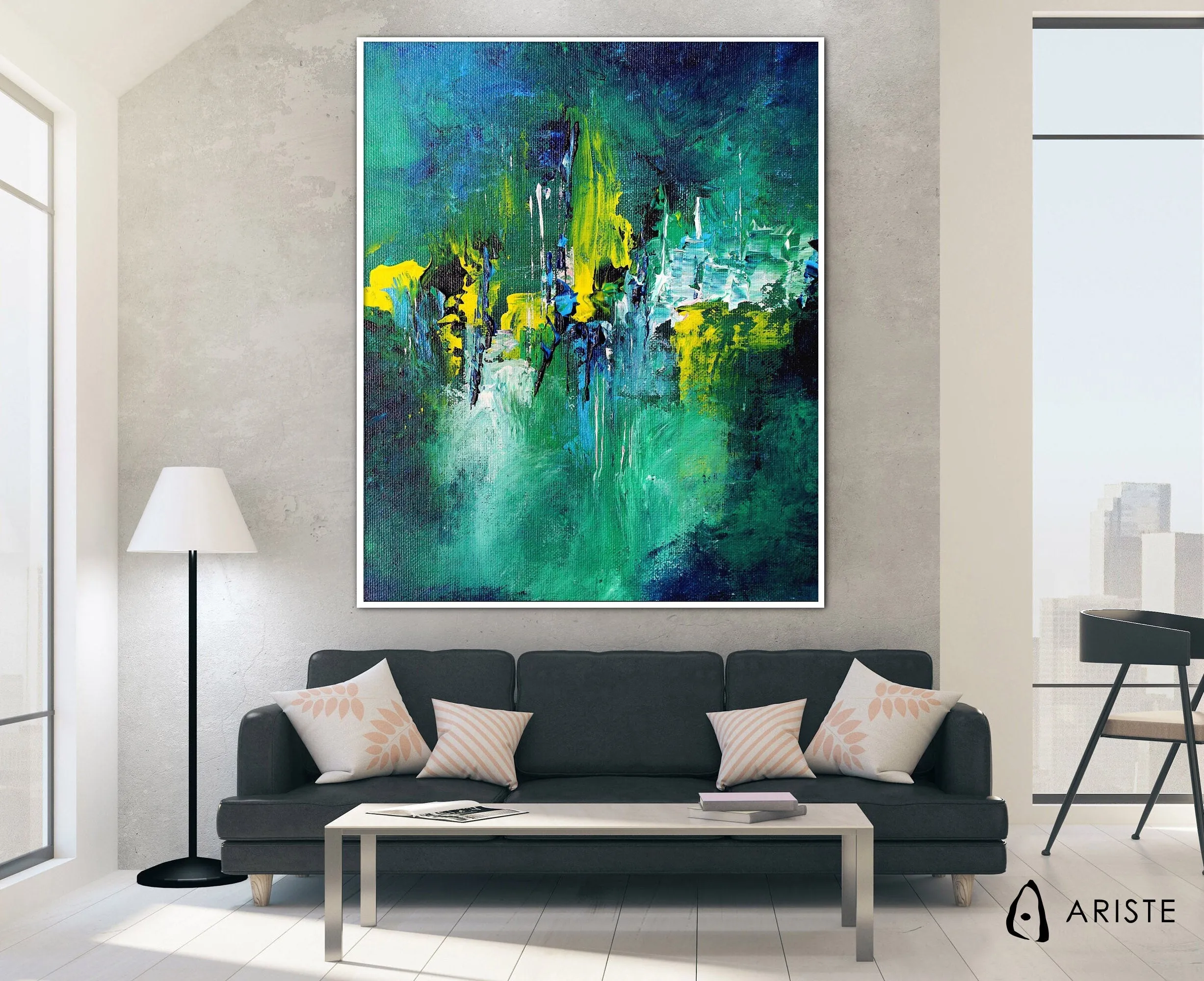 Emerald green & deep blue large abstract painting made to order in a custom size