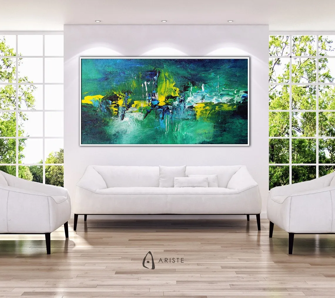 Emerald green & deep blue large abstract painting made to order in a custom size