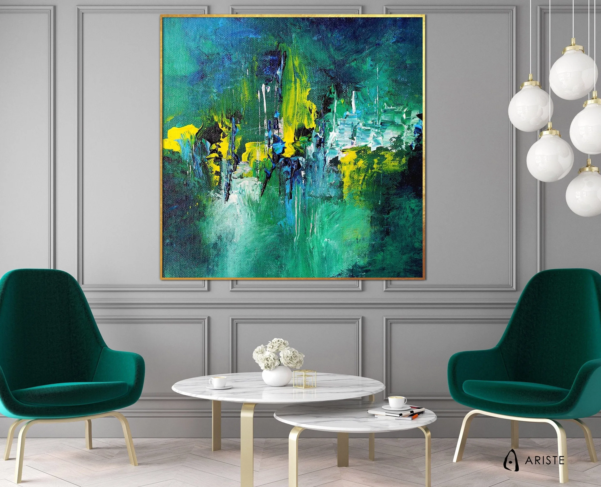 Emerald green & deep blue large abstract painting made to order in a custom size