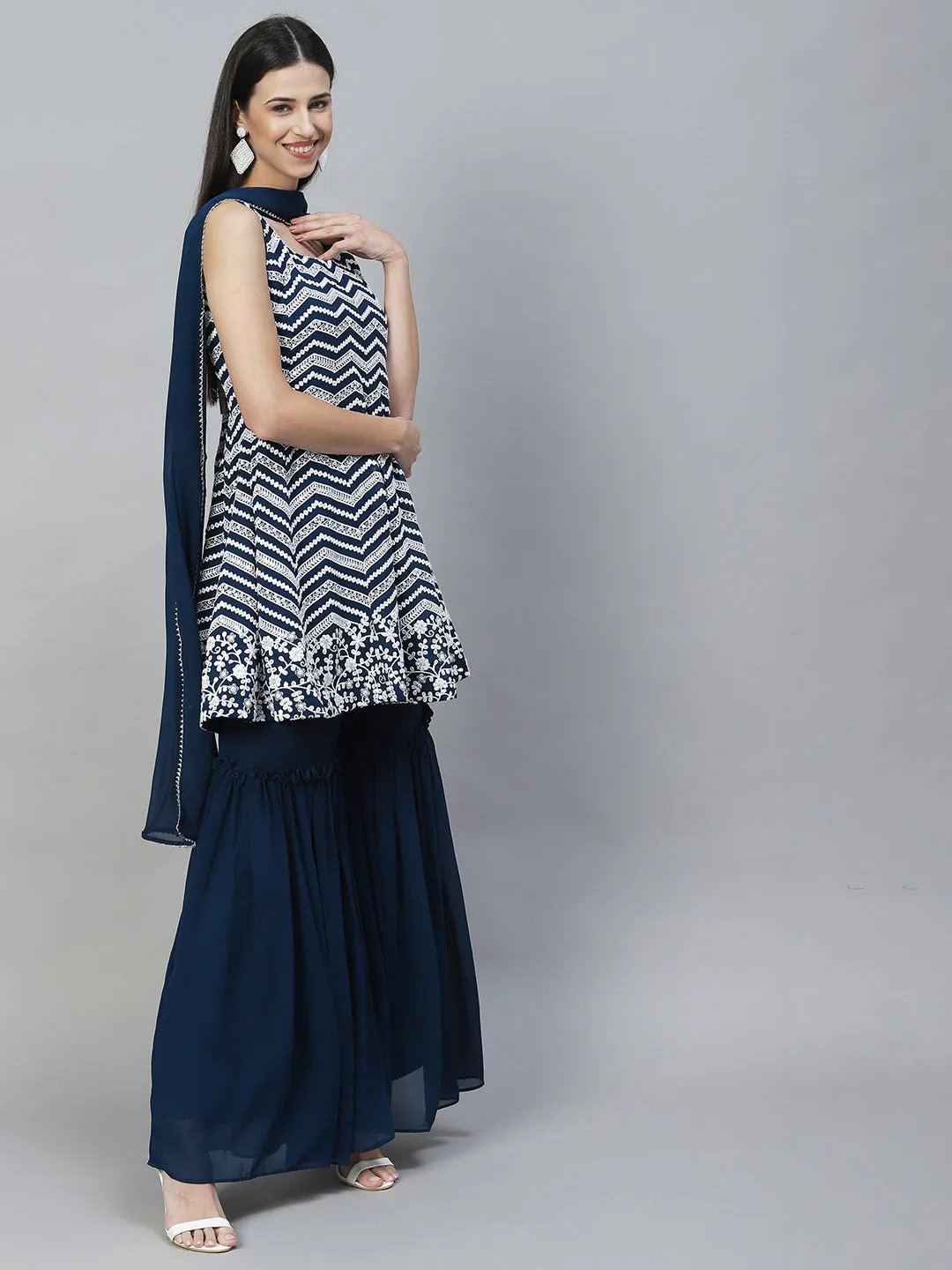 Ethnic Embroidered Anarkali Kurta with Sharara & Dupatta - Teal Blue