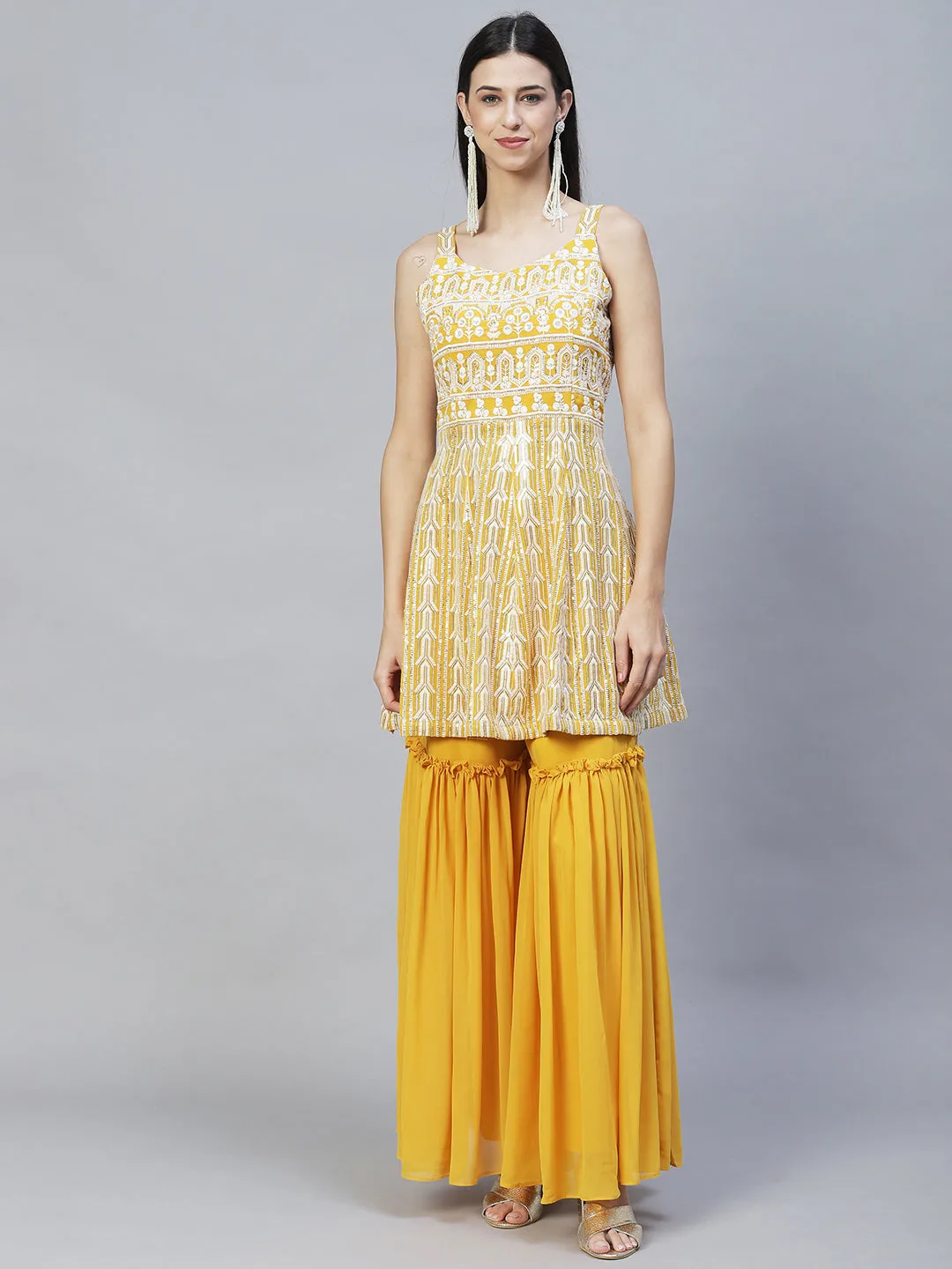 Ethnic Embroidered Anarkali Kurta with Sharara & Dupatta - Yellow