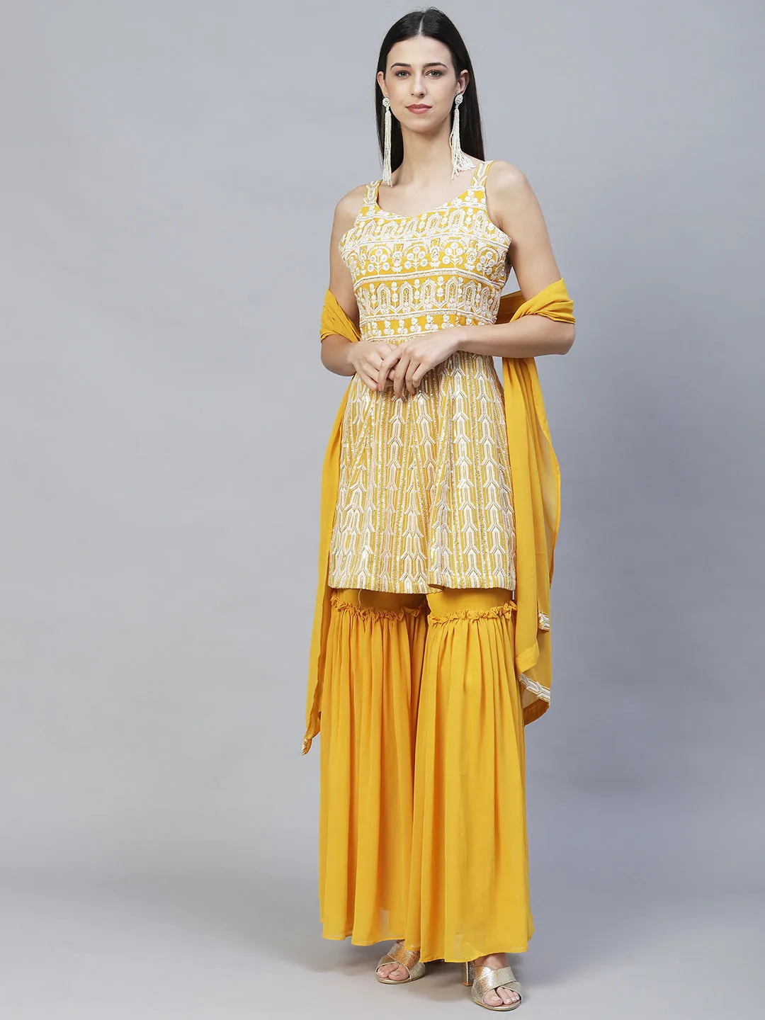 Ethnic Embroidered Anarkali Kurta with Sharara & Dupatta - Yellow