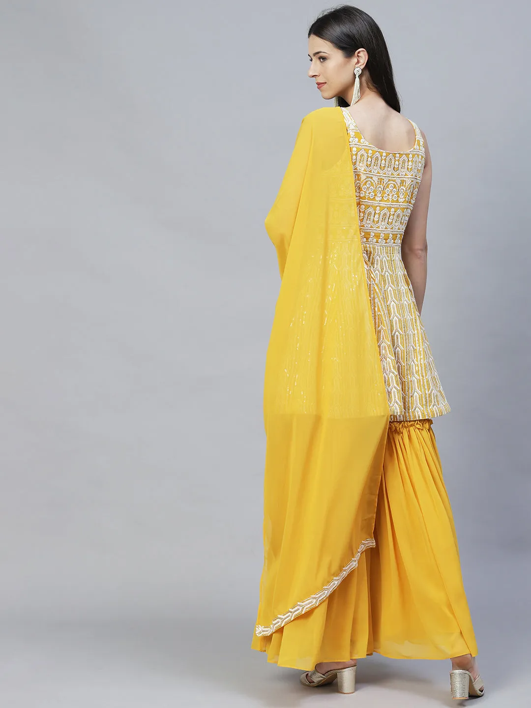 Ethnic Embroidered Anarkali Kurta with Sharara & Dupatta - Yellow