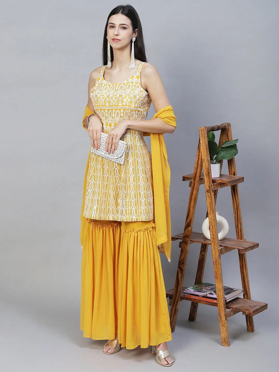 Ethnic Embroidered Anarkali Kurta with Sharara & Dupatta - Yellow