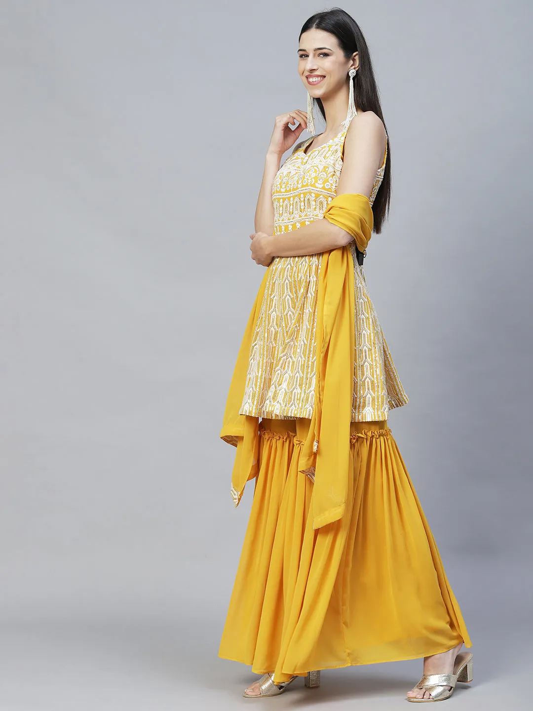 Ethnic Embroidered Anarkali Kurta with Sharara & Dupatta - Yellow