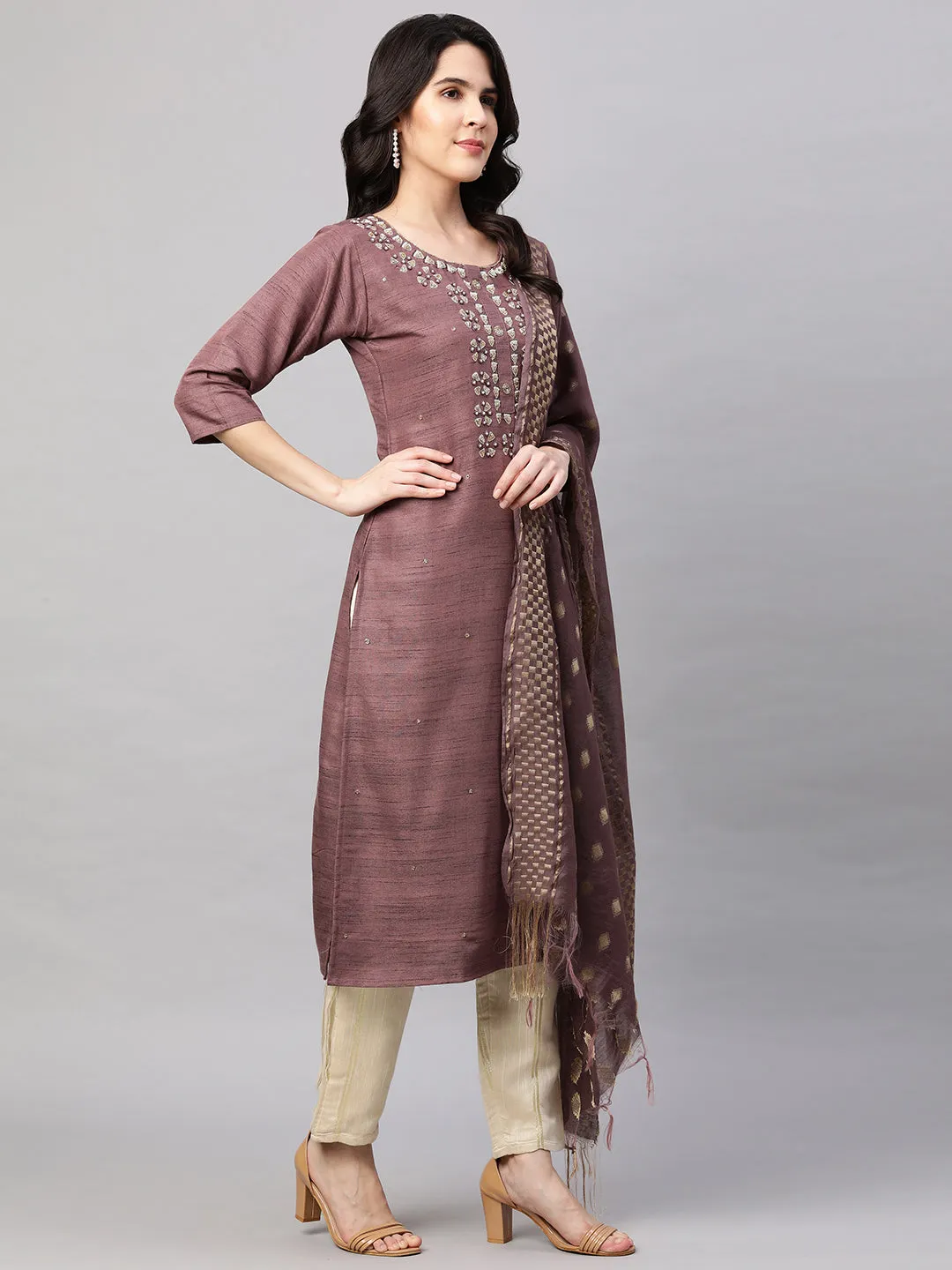 Ethnic Embroidered Kurta with Dupatta - Rosewood