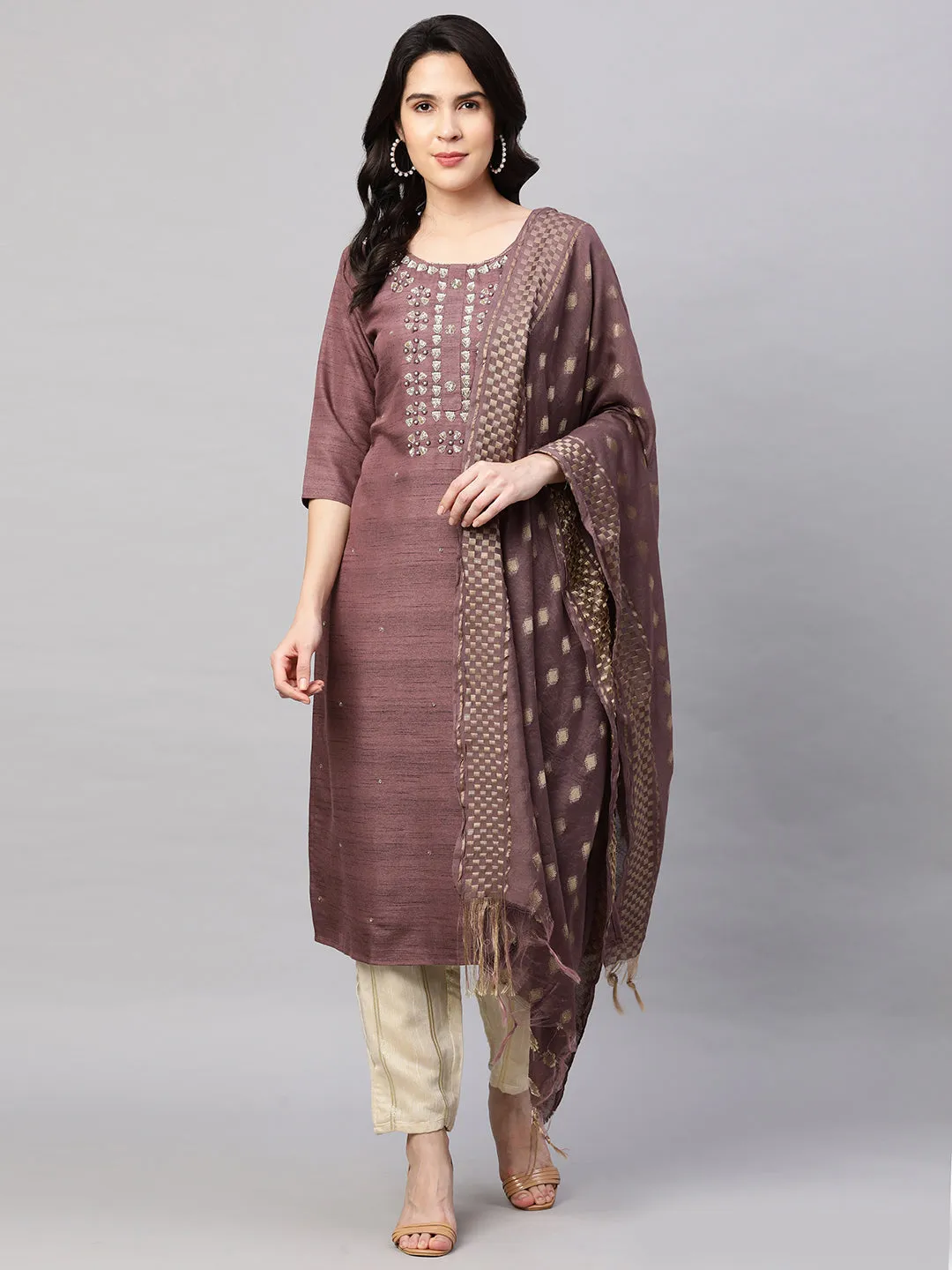 Ethnic Embroidered Kurta with Dupatta - Rosewood