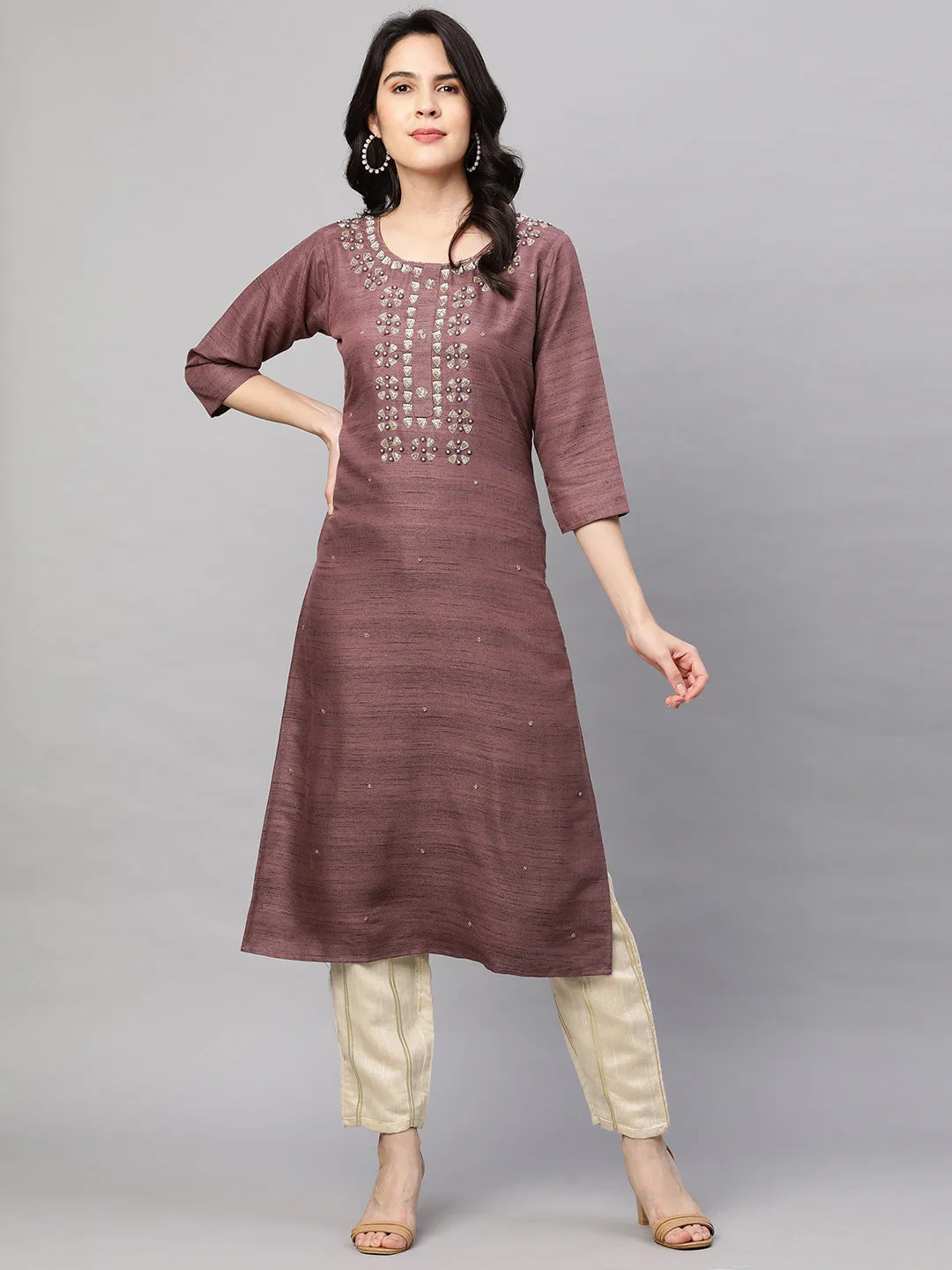 Ethnic Embroidered Kurta with Dupatta - Rosewood