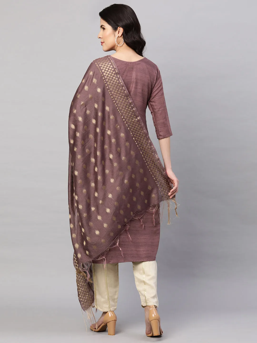 Ethnic Embroidered Kurta with Dupatta - Rosewood