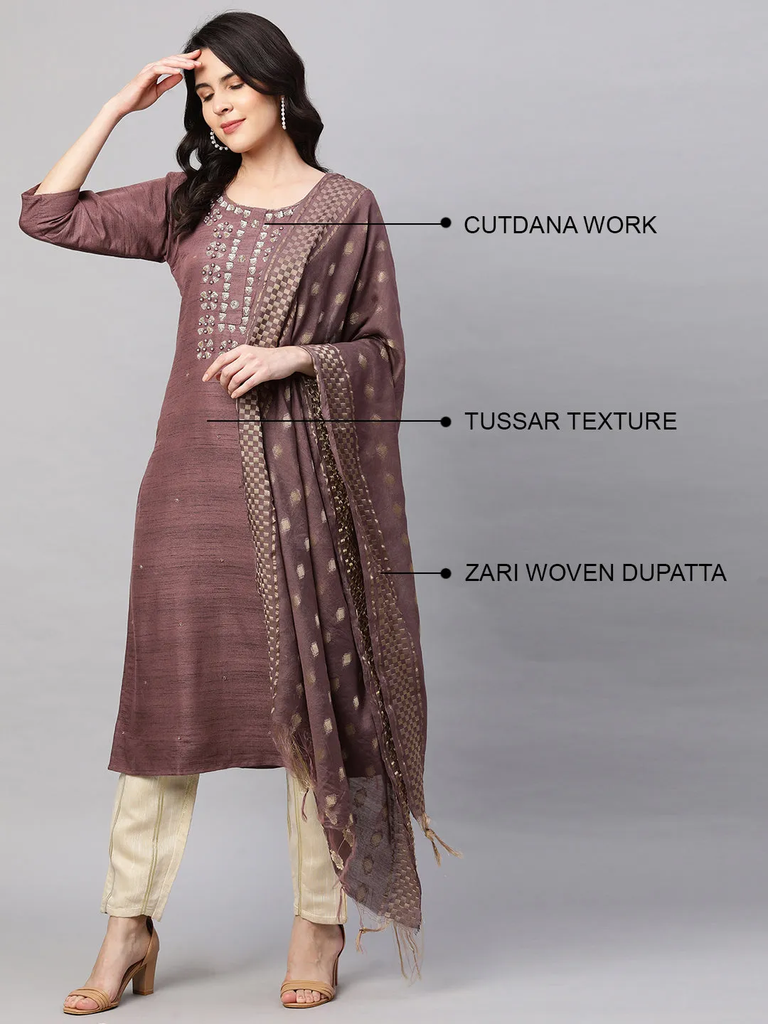 Ethnic Embroidered Kurta with Dupatta - Rosewood