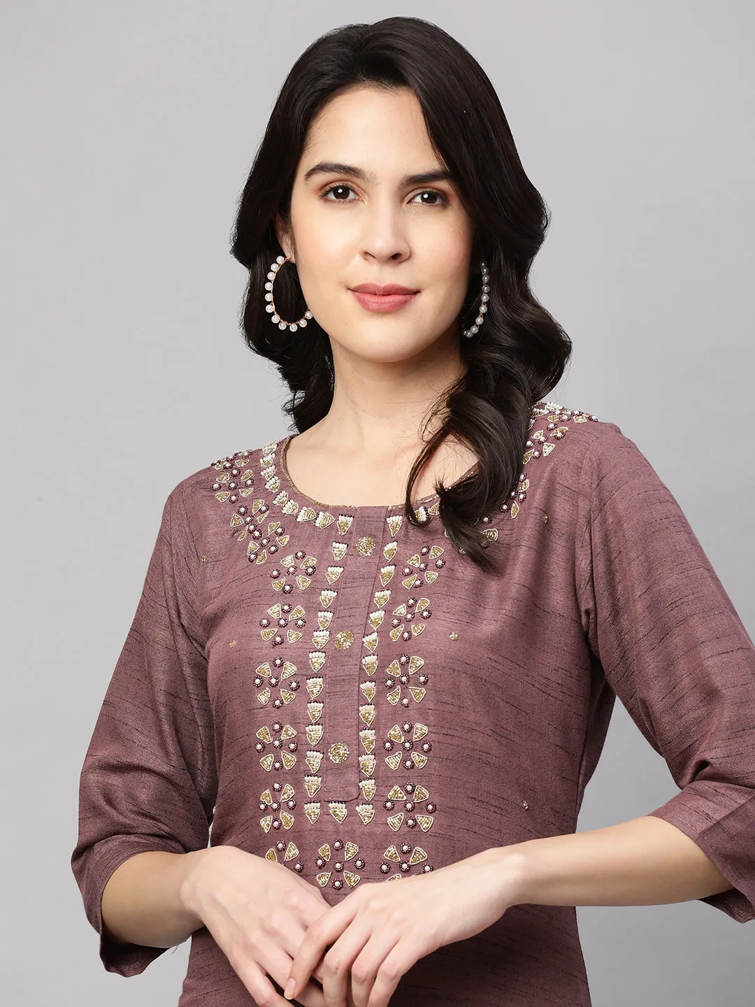 Ethnic Embroidered Kurta with Dupatta - Rosewood