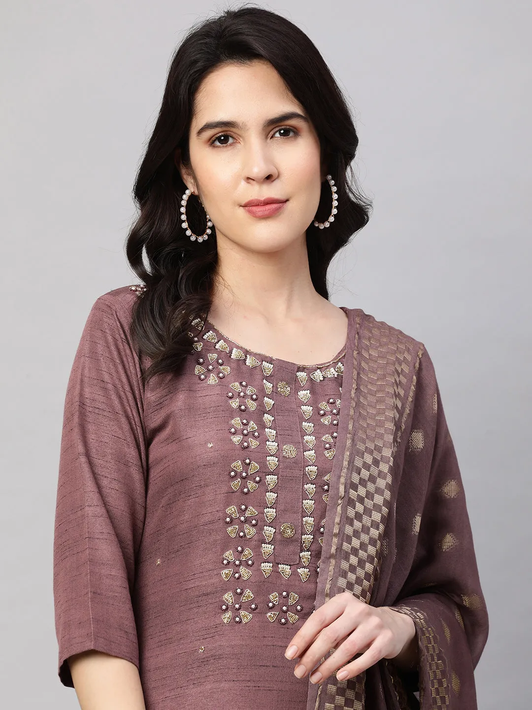 Ethnic Embroidered Kurta with Dupatta - Rosewood