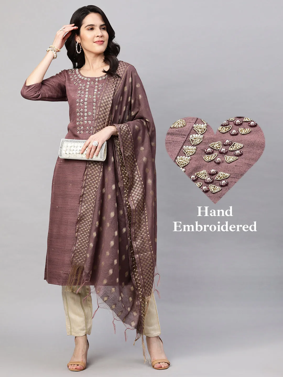 Ethnic Embroidered Kurta with Dupatta - Rosewood