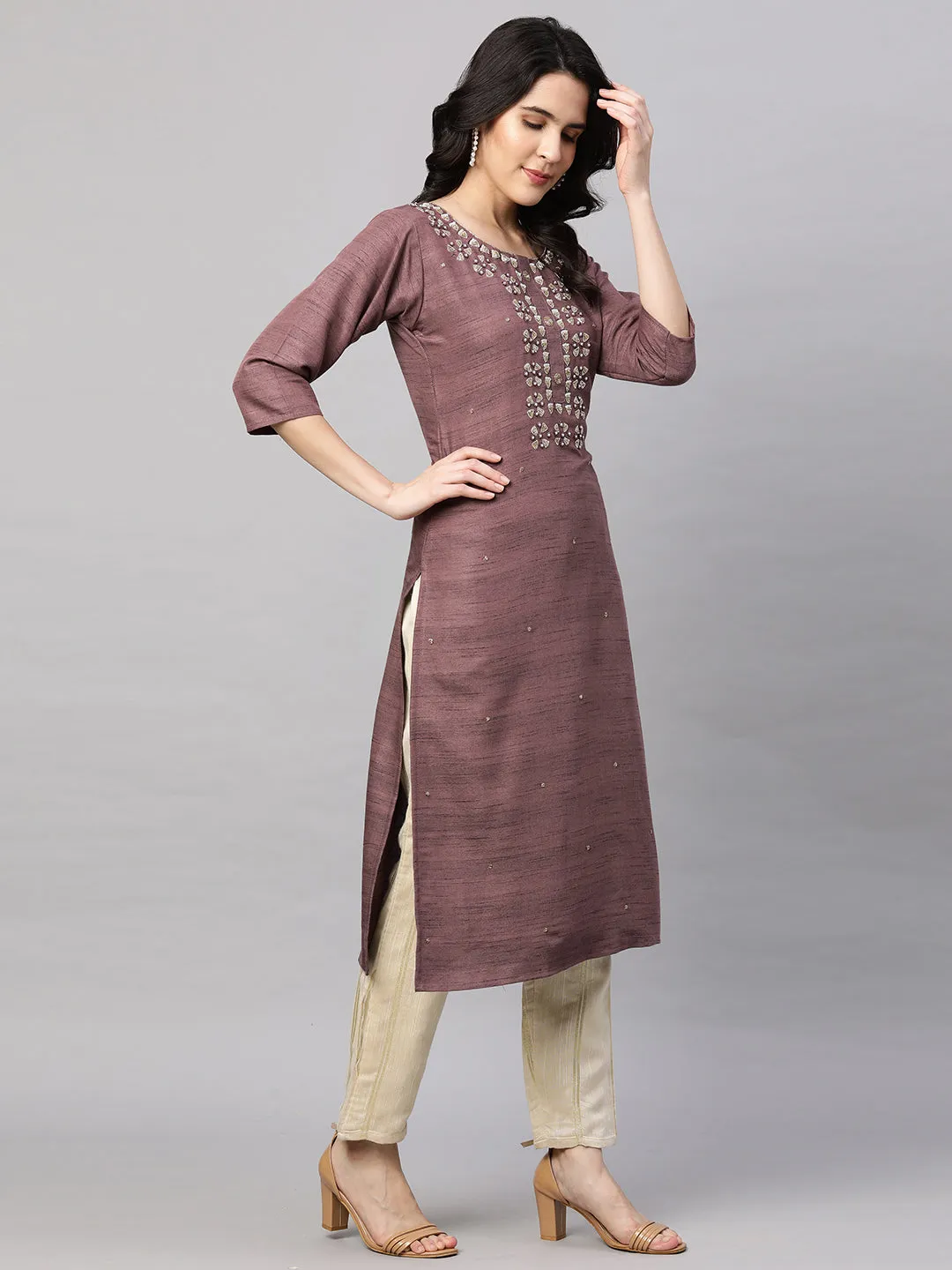 Ethnic Embroidered Kurta with Dupatta - Rosewood